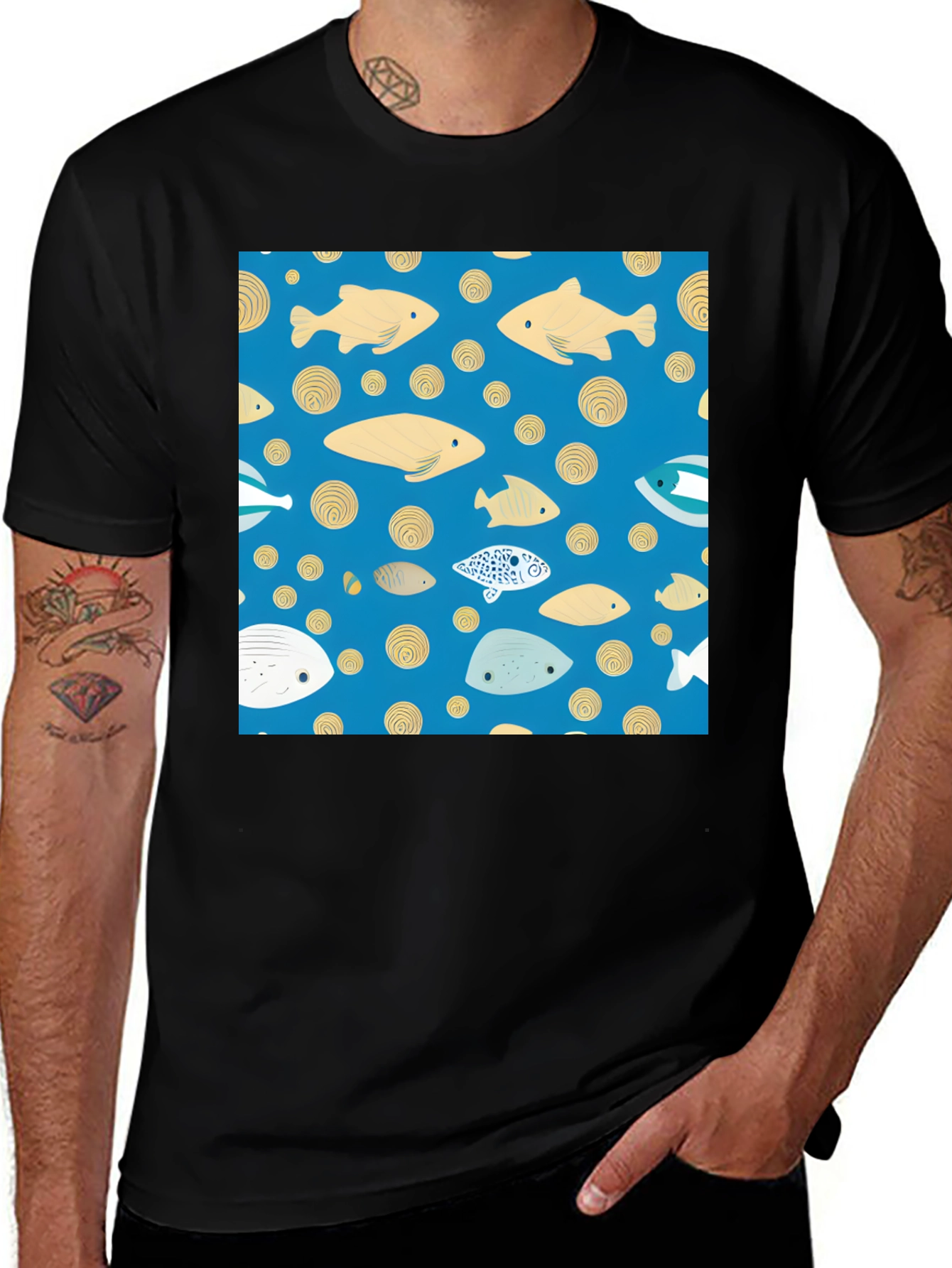 Variant 16 of Fun Fish Print T-Shirt - Black Crew Neck Tee