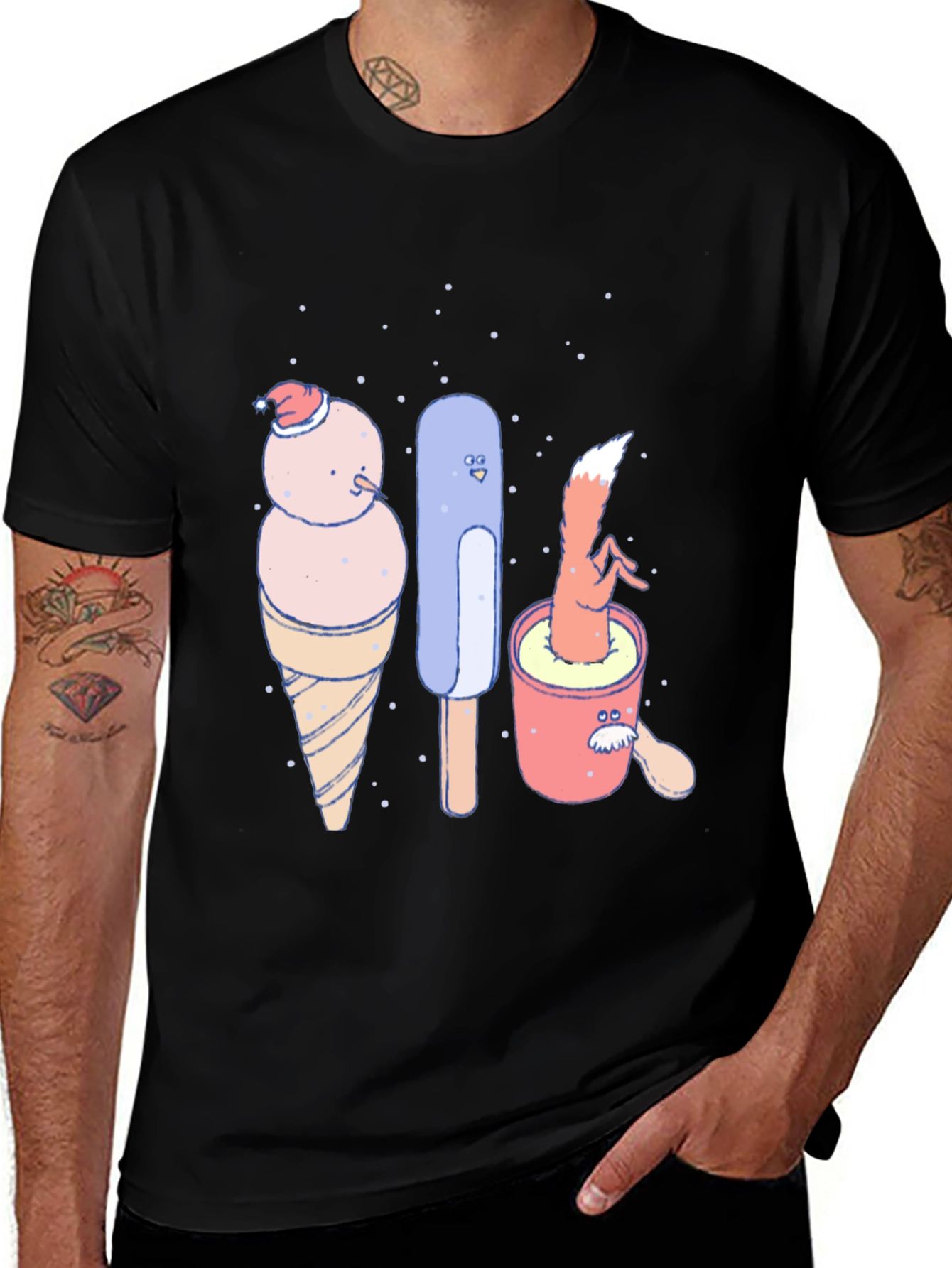 Variant 17 of Whimsical Ice Cream Graphic Tee - Soft Black Cotton