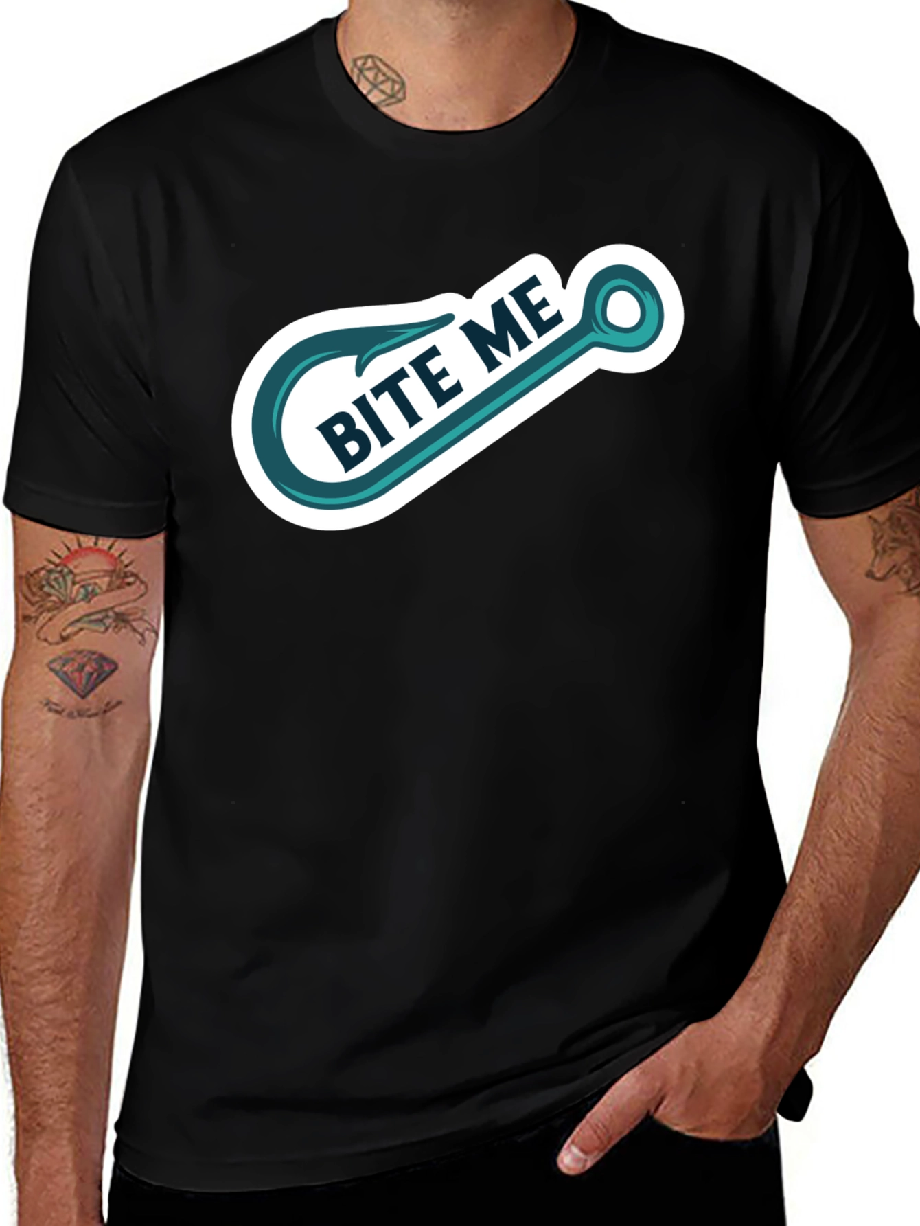 Variant 19 of Bite Me Fishing Hook Graphic Tee - Black Cotton T-Shirt
