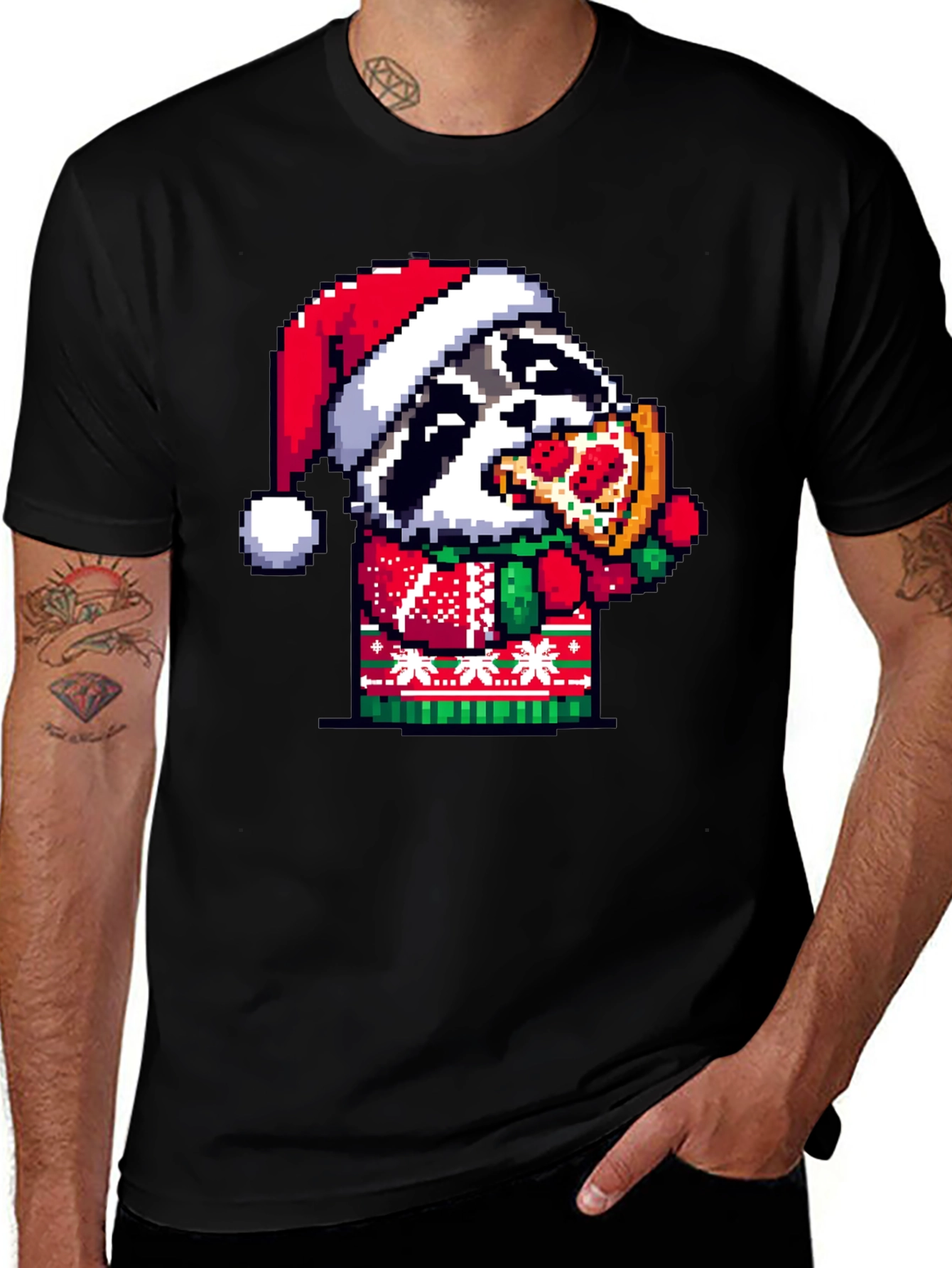 Variant 29 of Pixel Art Raccoon Christmas Pizza T-Shirt