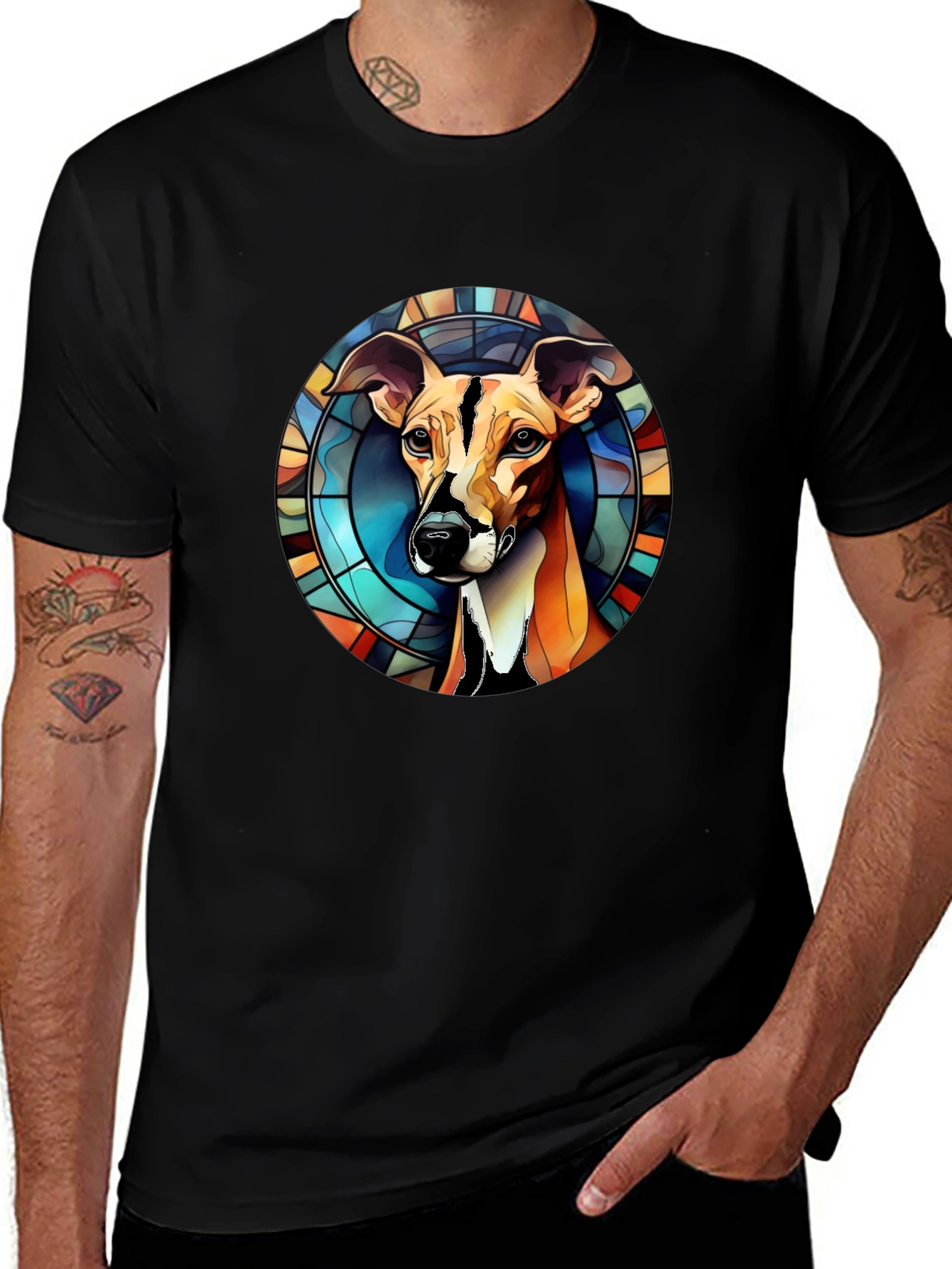 Variant 25 of Stained Glass Dog Graphic Tee - Men's Black T-Shirt