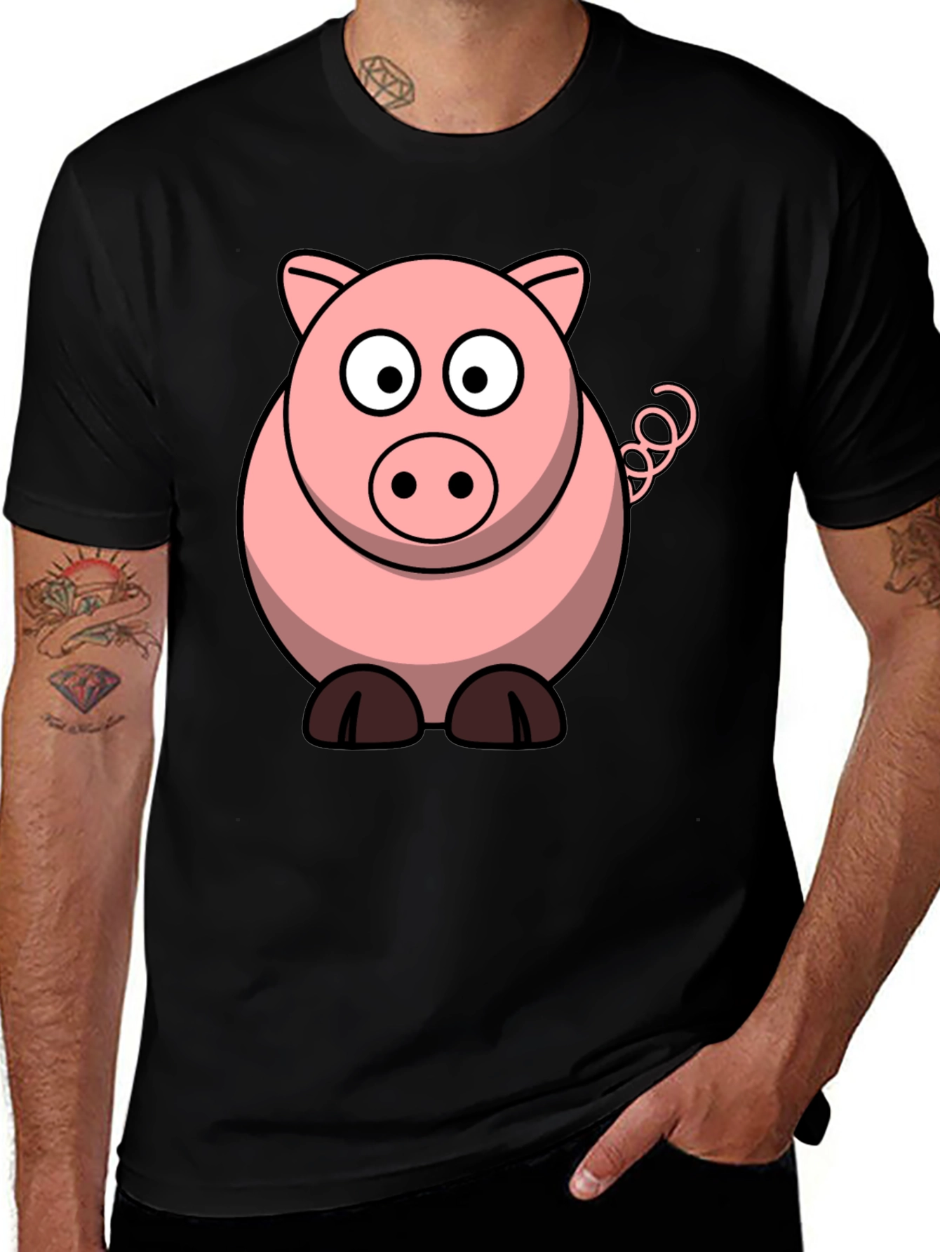 Variant 29 of Cartoon Pig Graphic Tee - Black Cotton T-Shirt