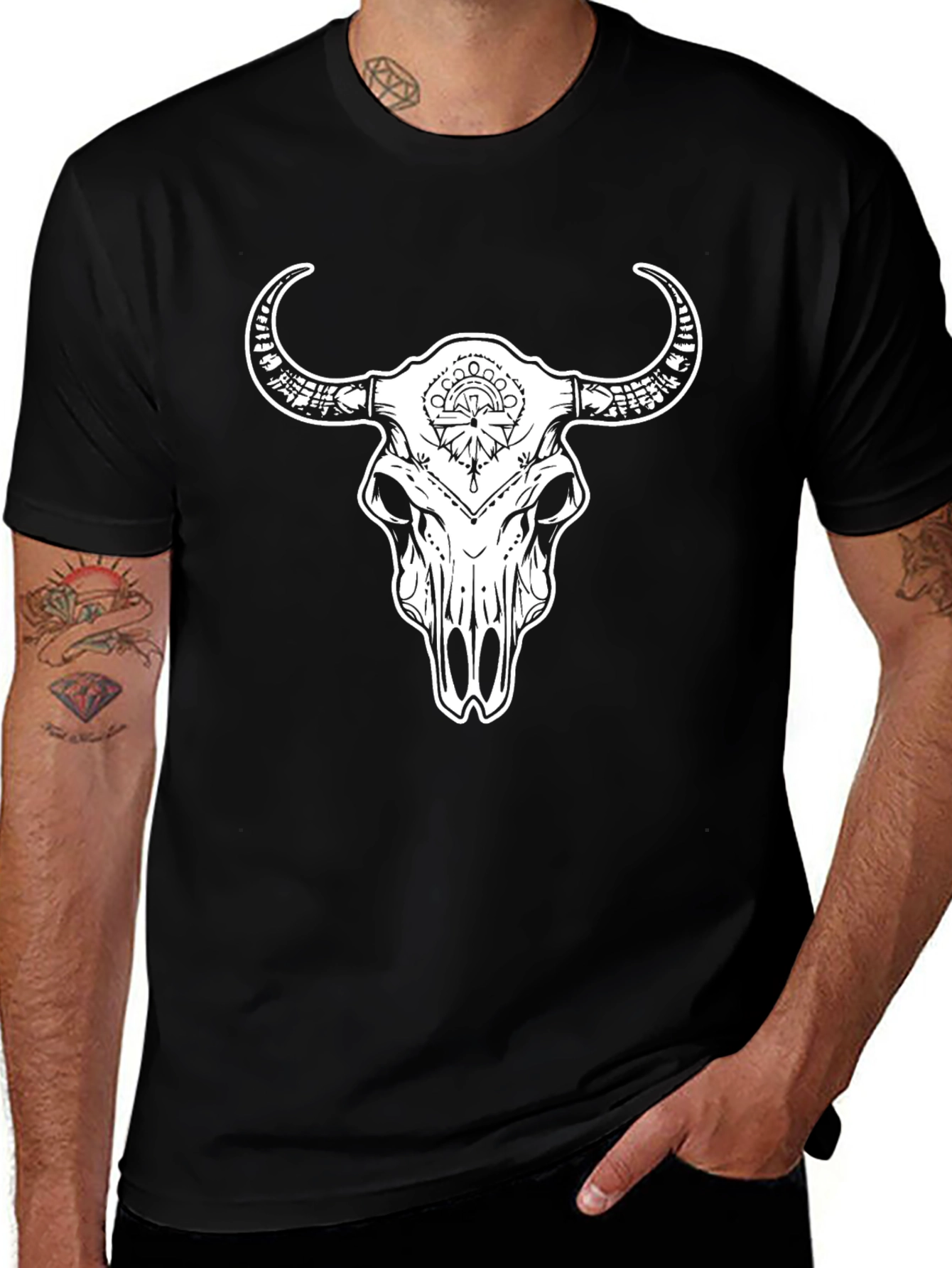Black Bull Skull Graphic Tee - Western Style