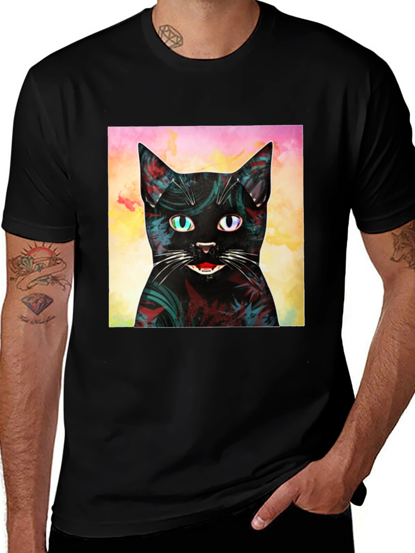 Variant 17 of Abstract Cat Graphic Print Black T-Shirt