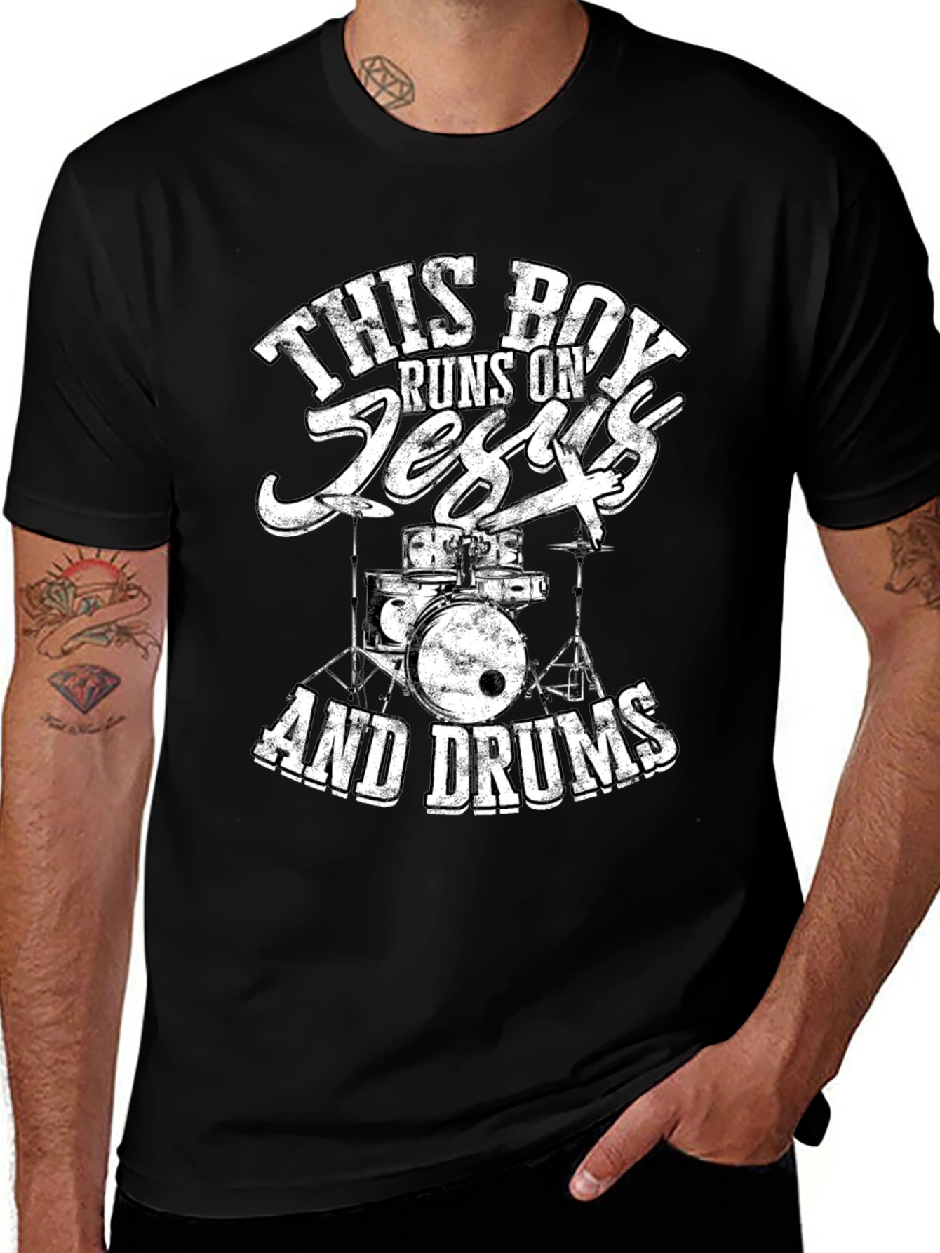 Variant 27 of This Boy Runs on Jesus and Drums Black T-Shirt