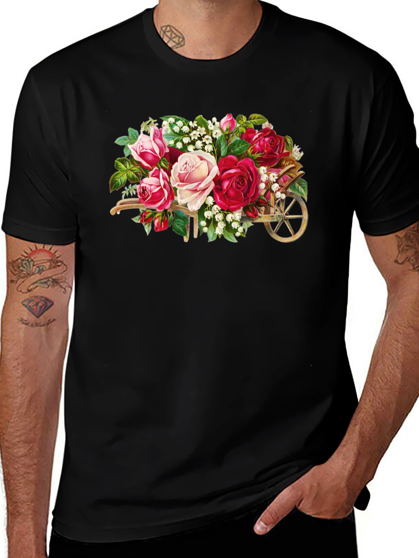 Floral Wheelbarrow Graphic Tee - Black Cotton