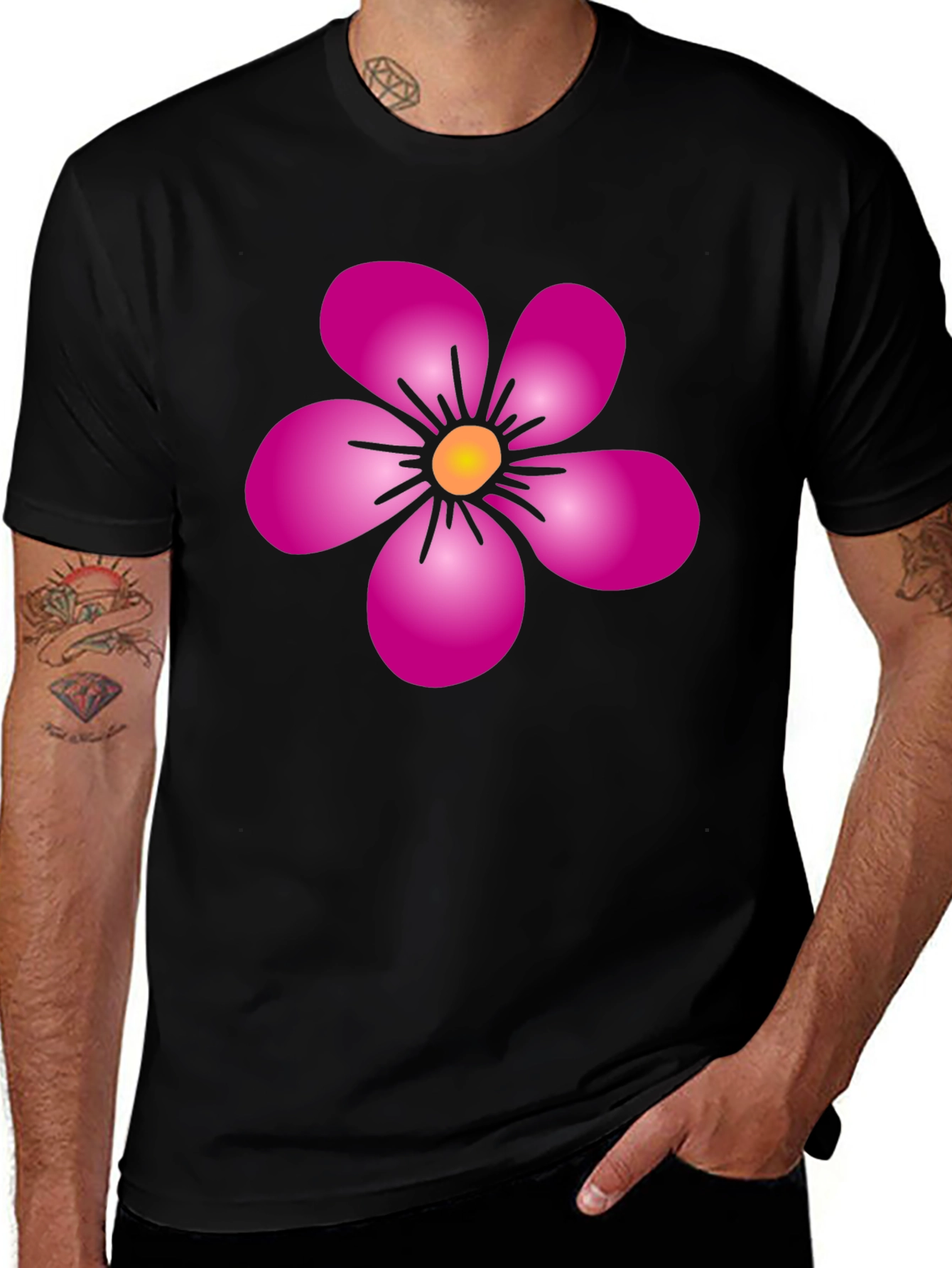 Variant 23 of Pink Flower Graphic Black T-Shirt