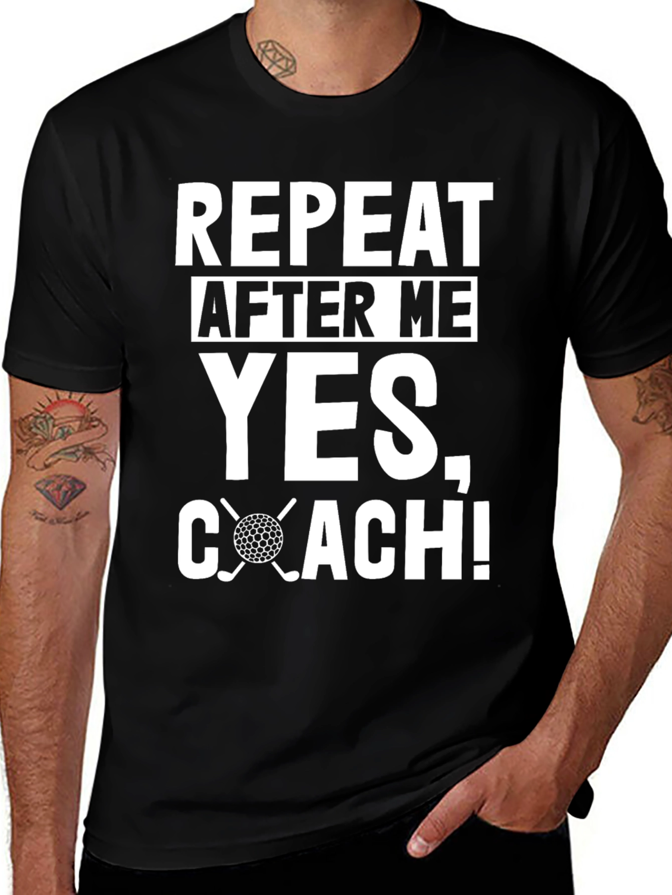 Black Repeat After Me Yes, Coach! Golf T-Shirt main image