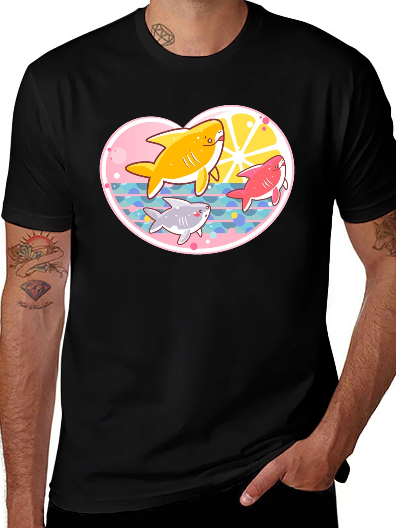 Variant 9 of Cute Cartoon Sharks Black T-Shirt