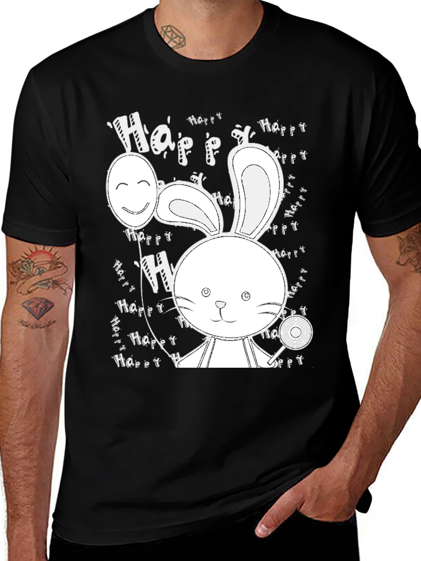 Cute Bunny Print Black T-Shirt