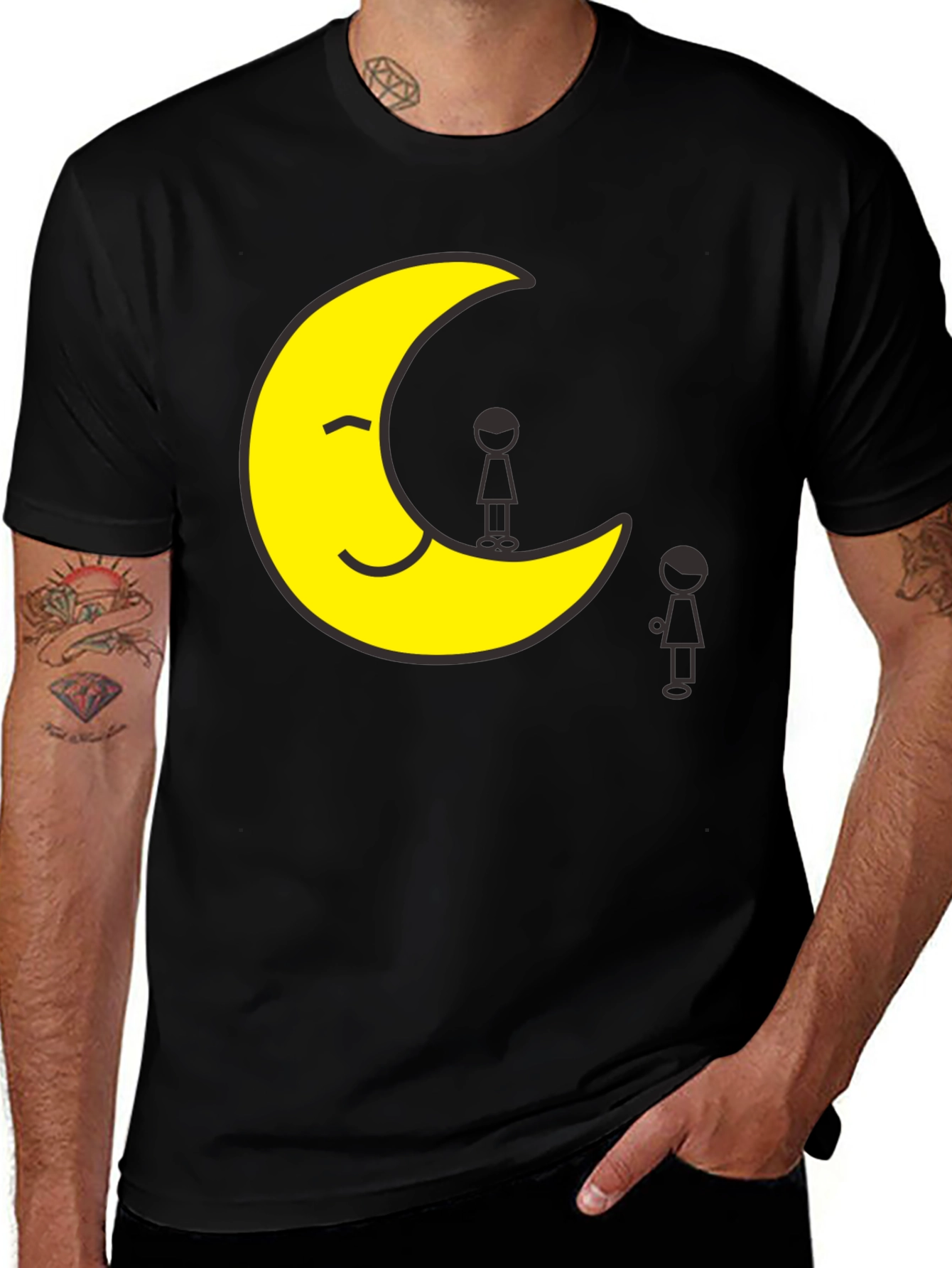 Smiling Moon T-Shirt, Unisex Black Tee, Cartoon Graphic Print