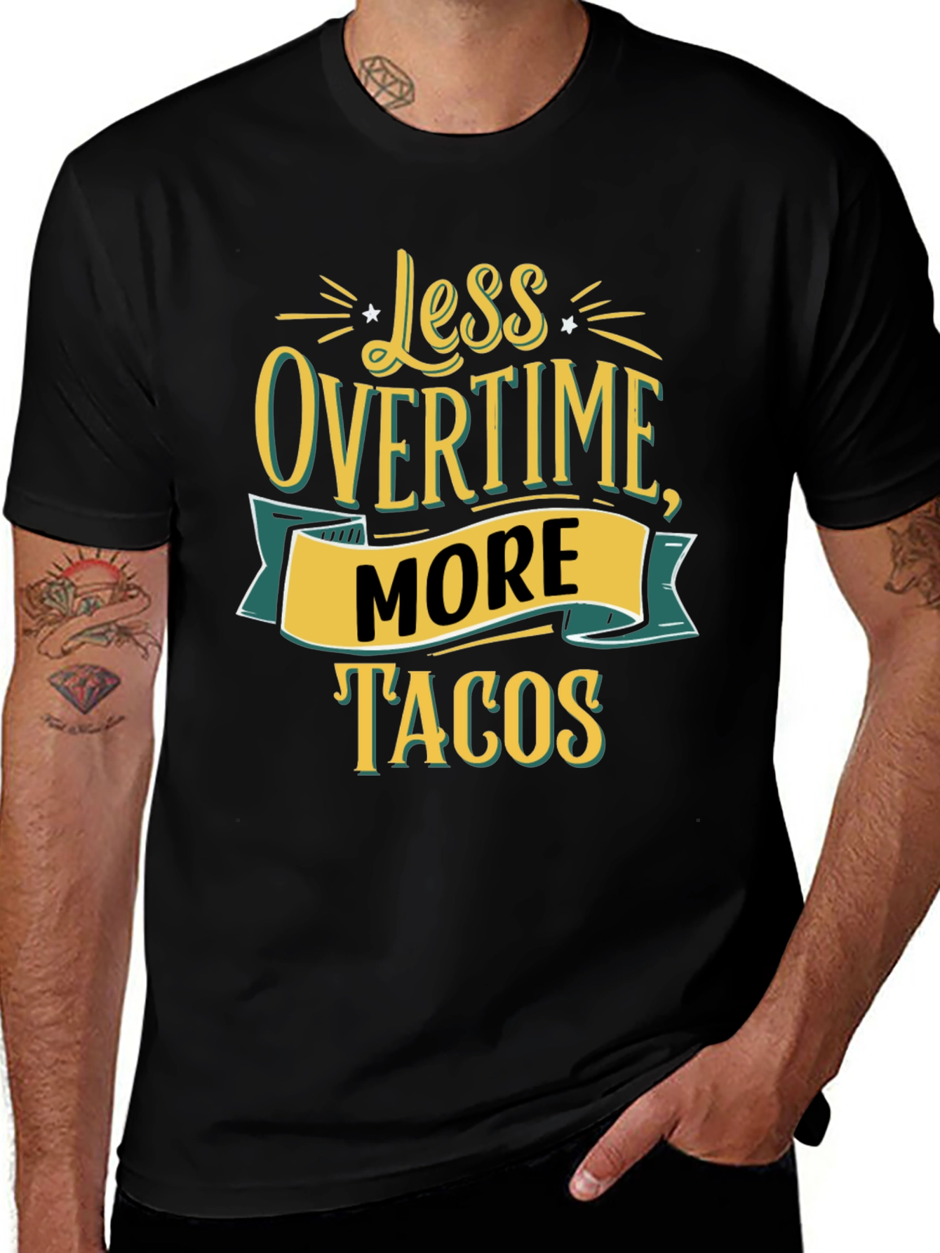 Variant 15 of Less Overtime More Tacos Black Graphic Tee