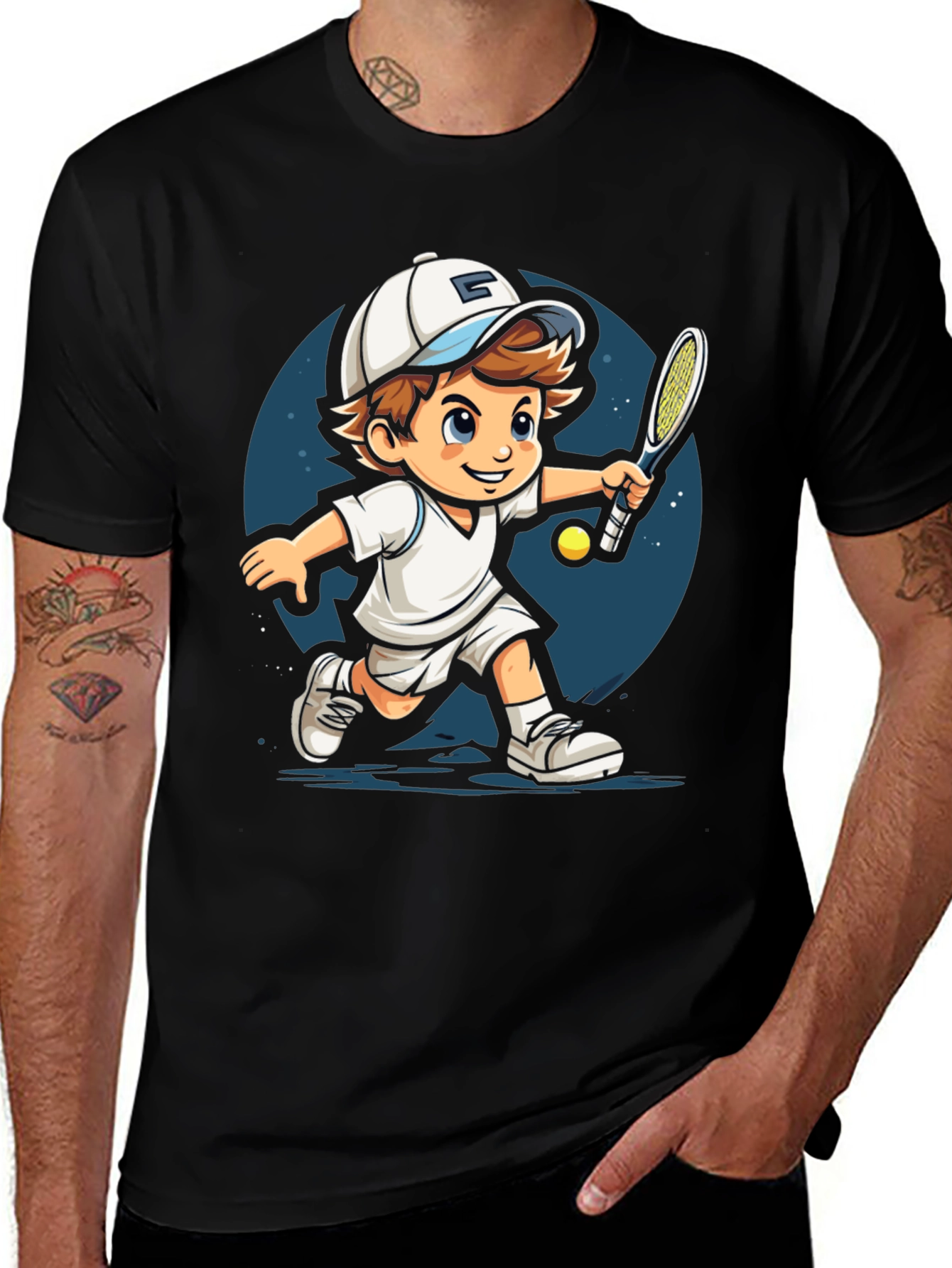Variant 23 of Cartoon Tennis Player Black T-Shirt
