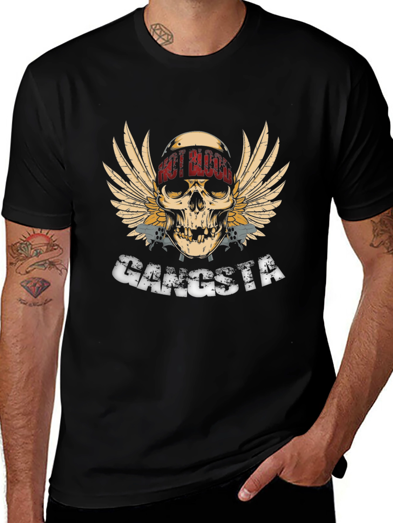 Variant 30 of Gangsta Skull Wings Graphic Black T-Shirt