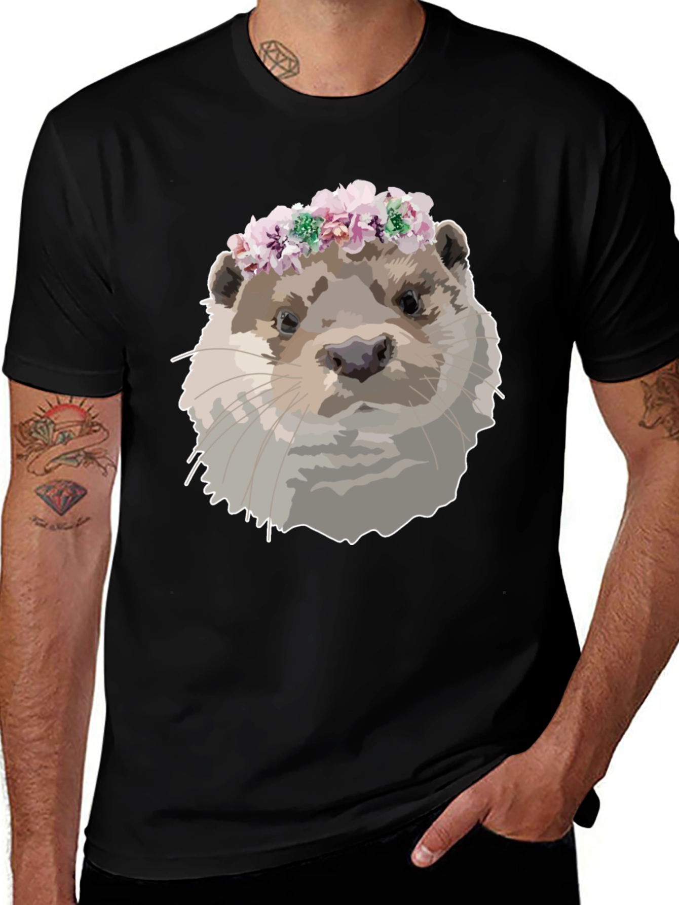 Variant 30 of Otter with Flower Crown Black T-Shirt