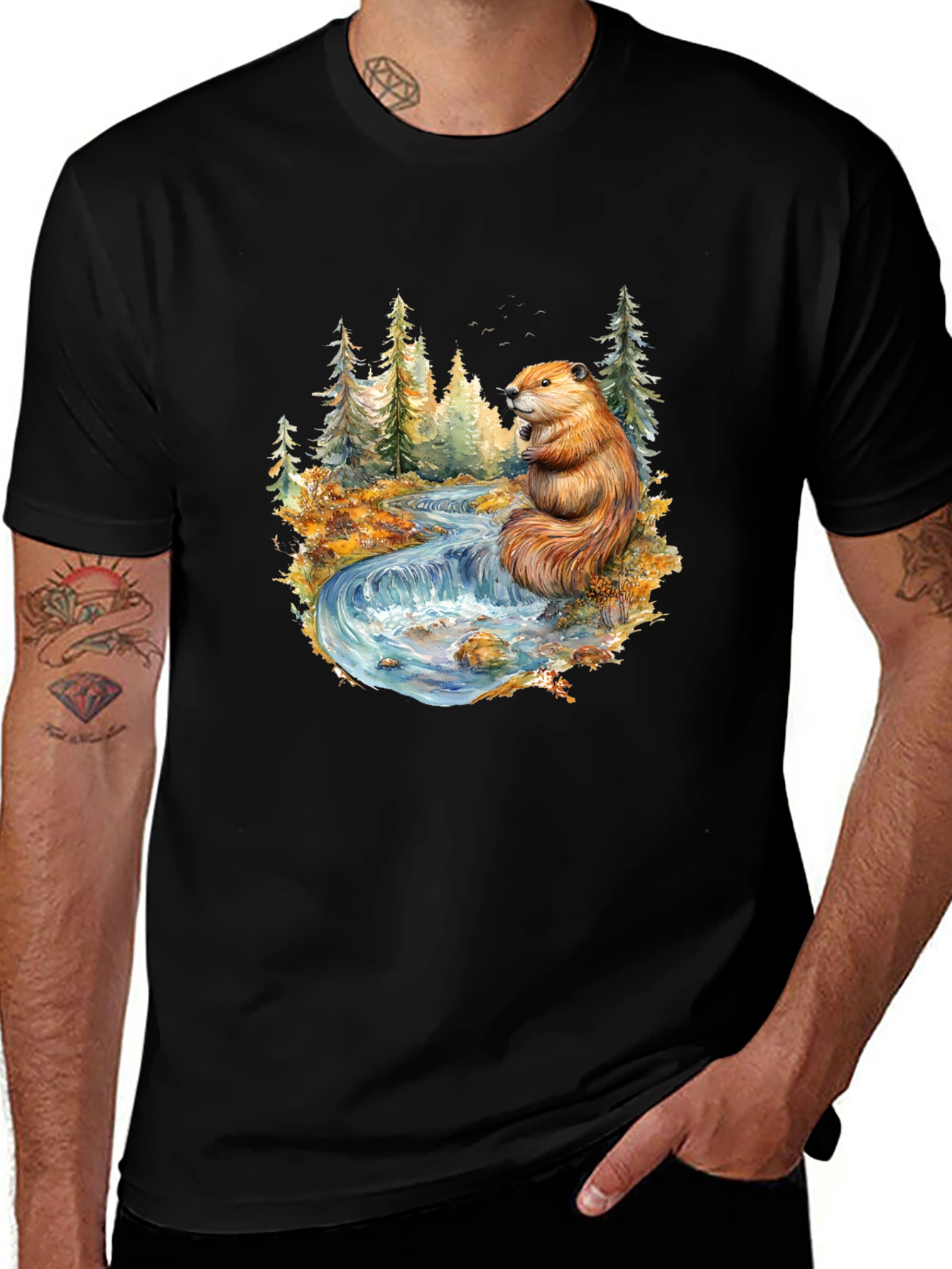 Variant 14 of Beaver Nature Scene Graphic Tee - Black