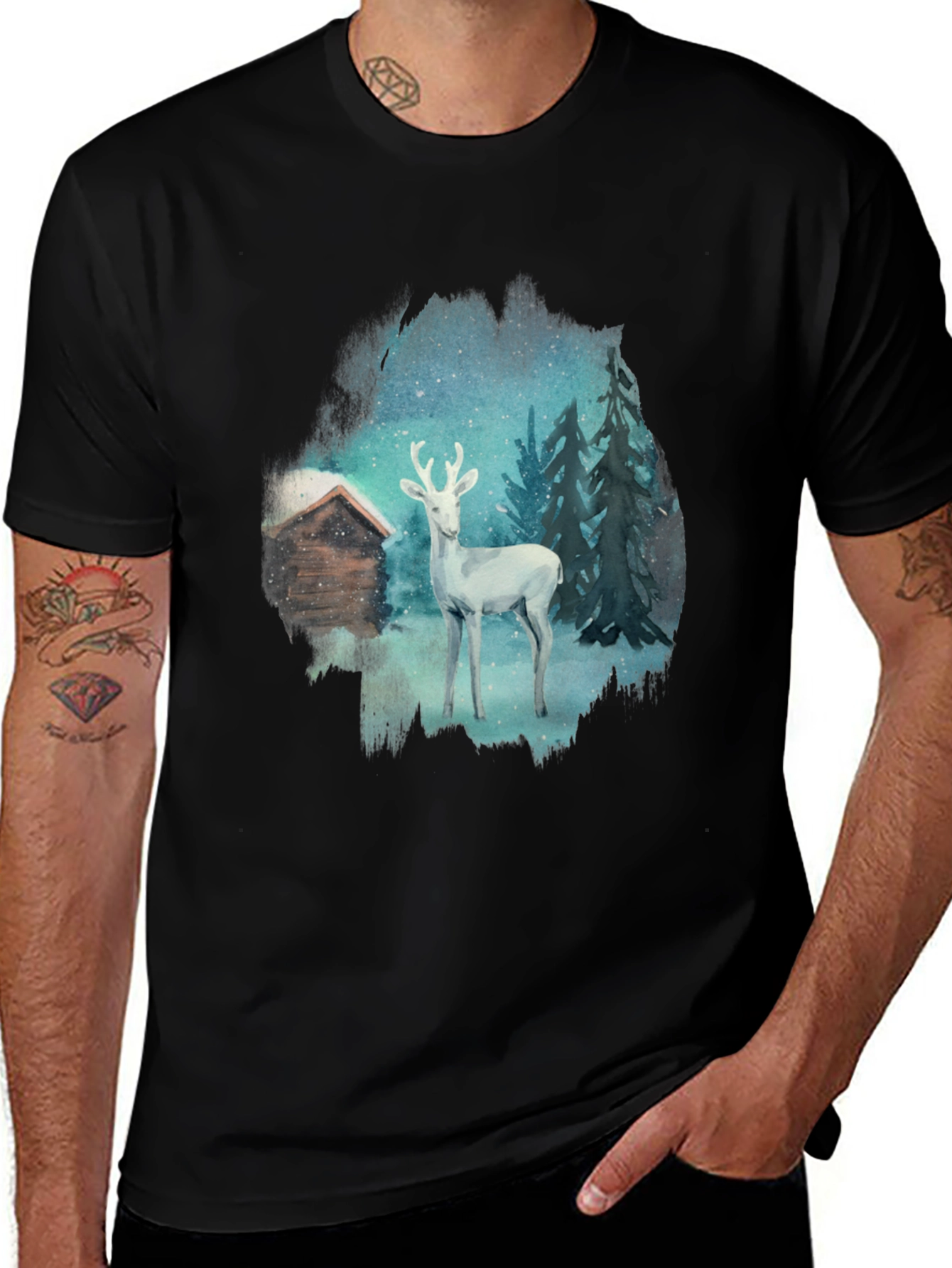 Variant 26 of Winter Deer Scene Black T-Shirt