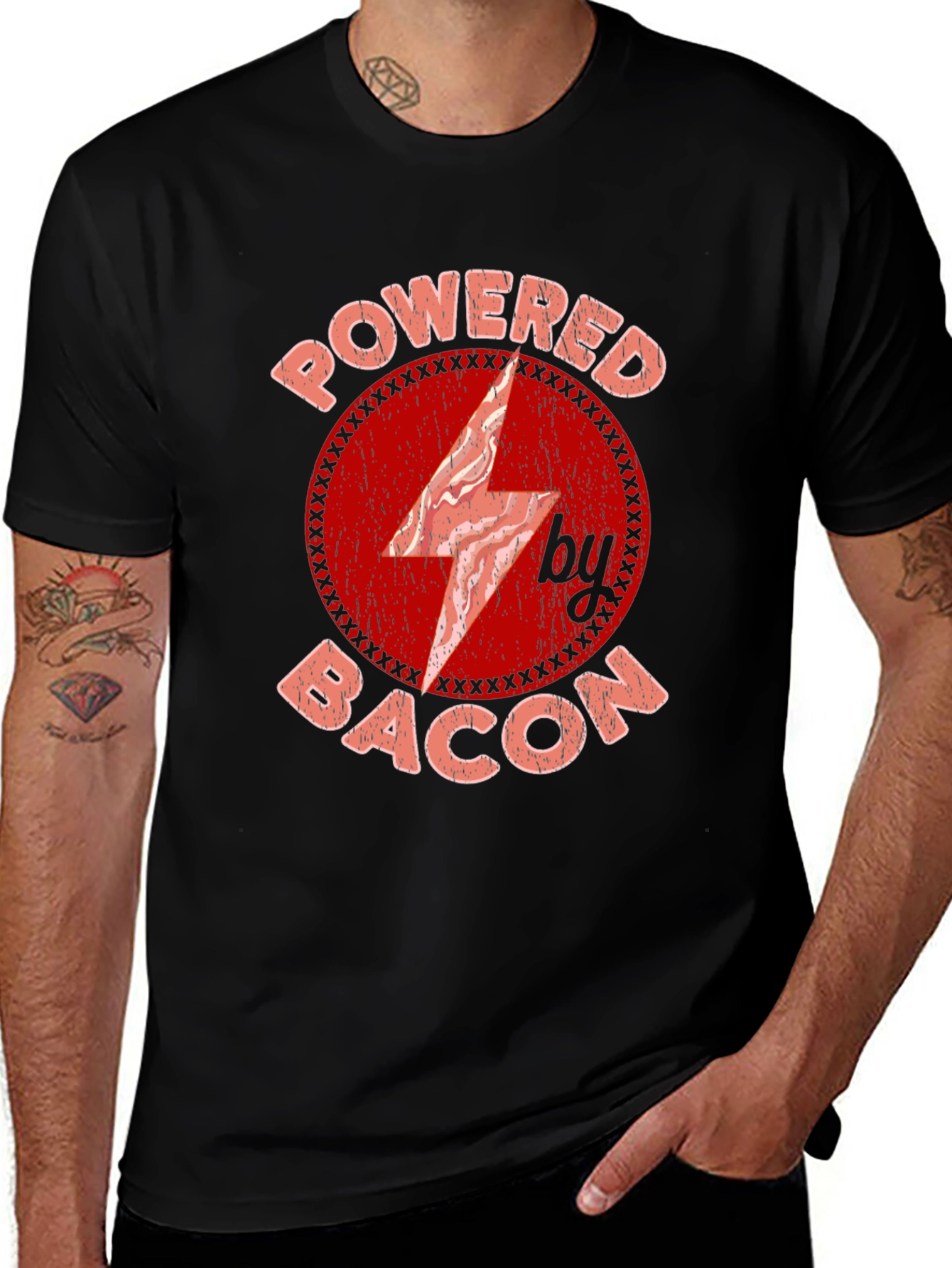 Powered By Bacon T-Shirt, Red Graphic Design