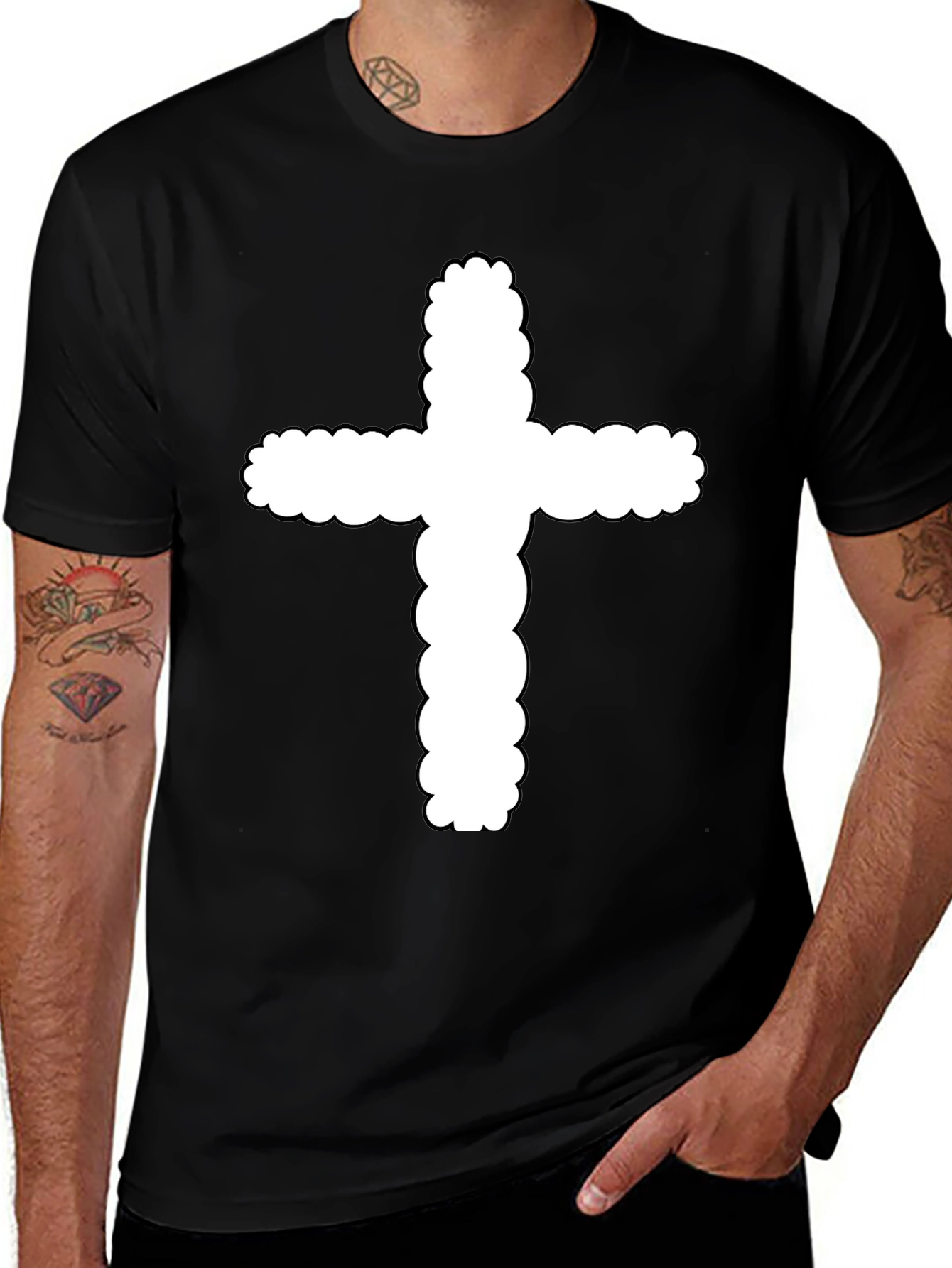 Variant 17 of Men's Black T-Shirt with White Cross Design