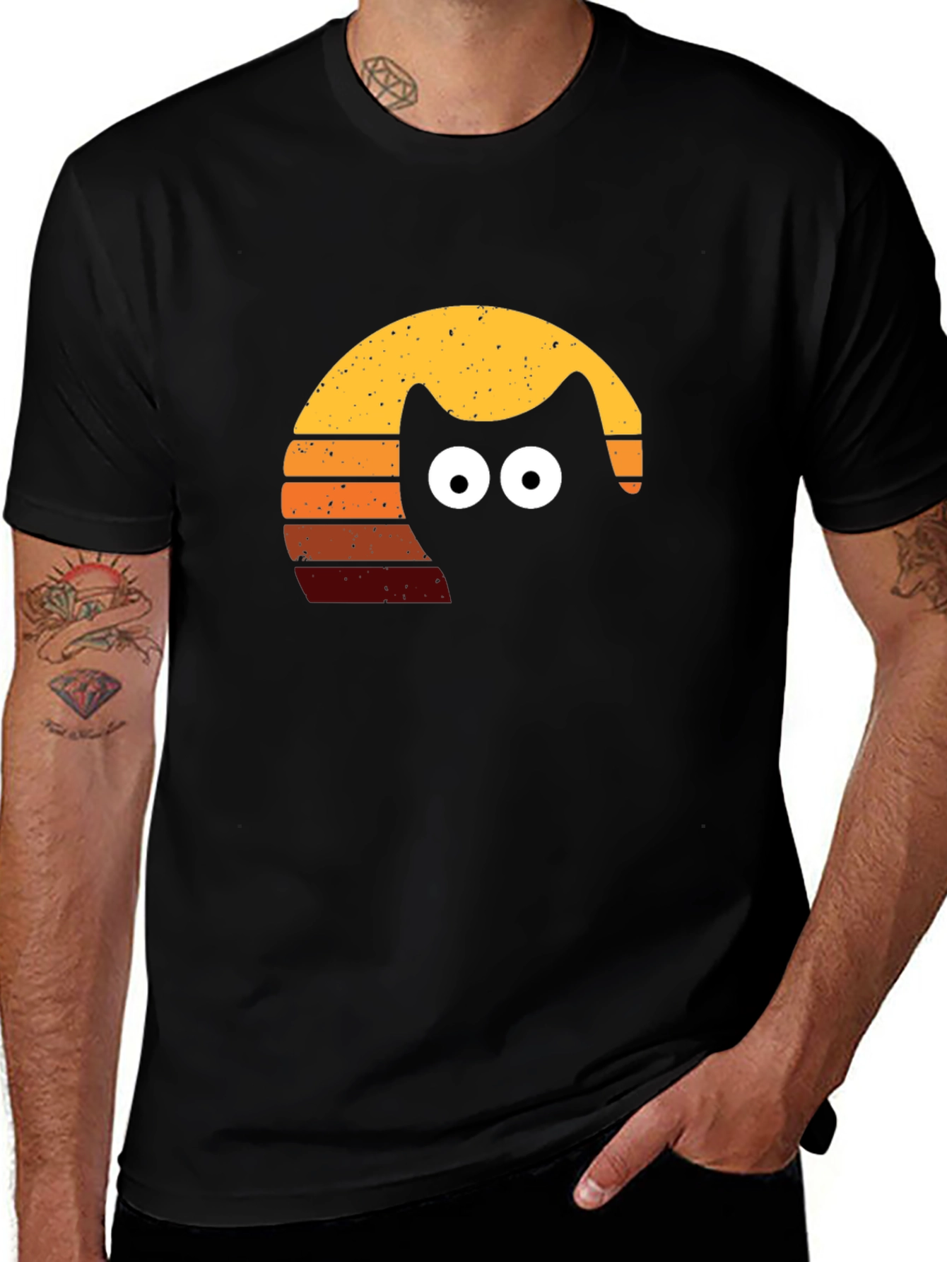 Variant 26 of Retro Cat Sunset T-Shirt - Black Tee