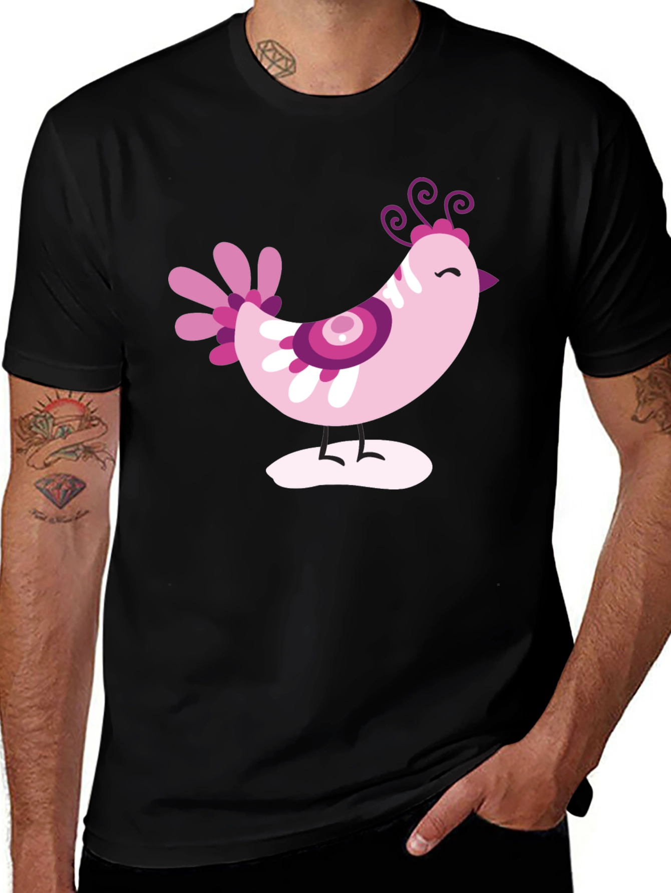 Cute Pink Bird Graphic Tee - Black Cotton T-Shirt
