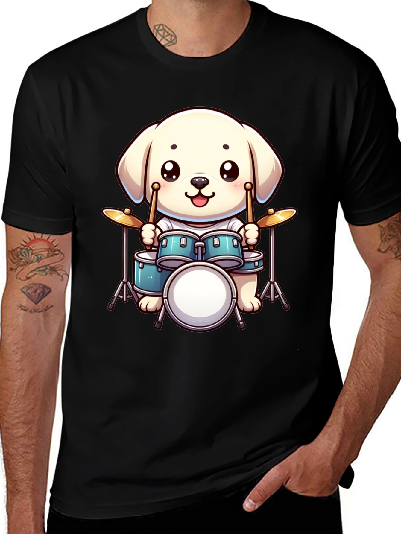 Variant 20 of Cute Dog Drummer T-Shirt - Unisex Black Tee