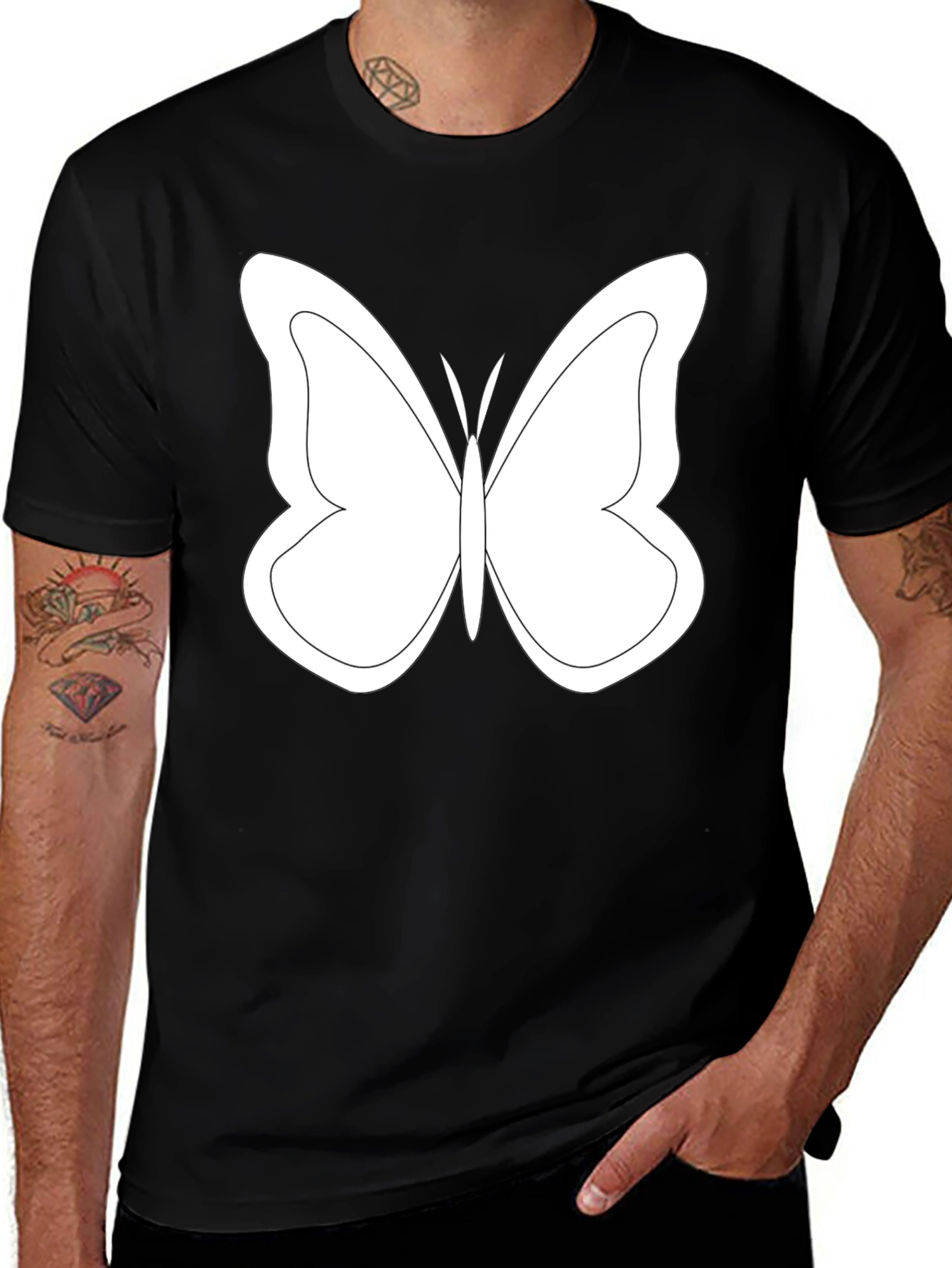 Black T-Shirt with White Butterfly Graphic