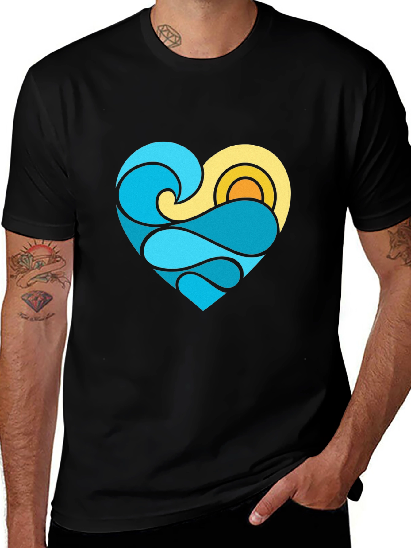 Variant 4 of Heart Wave Graphic Tee - Black Cotton Casual Shirt