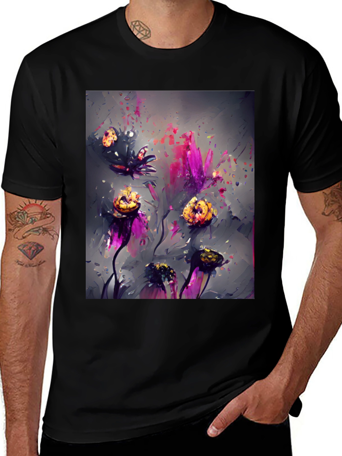 Variant 19 of Floral Art Print Black T-Shirt