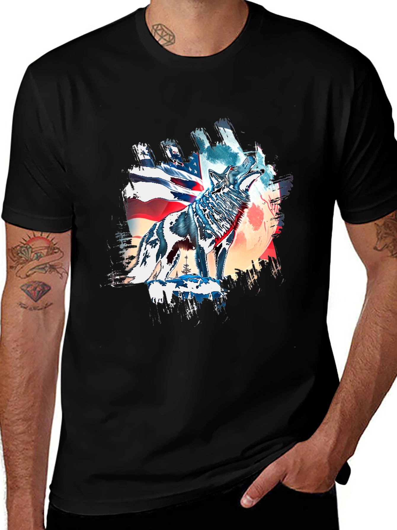 Variant 17 of Wolf & American Flag Graphic Tee - Black