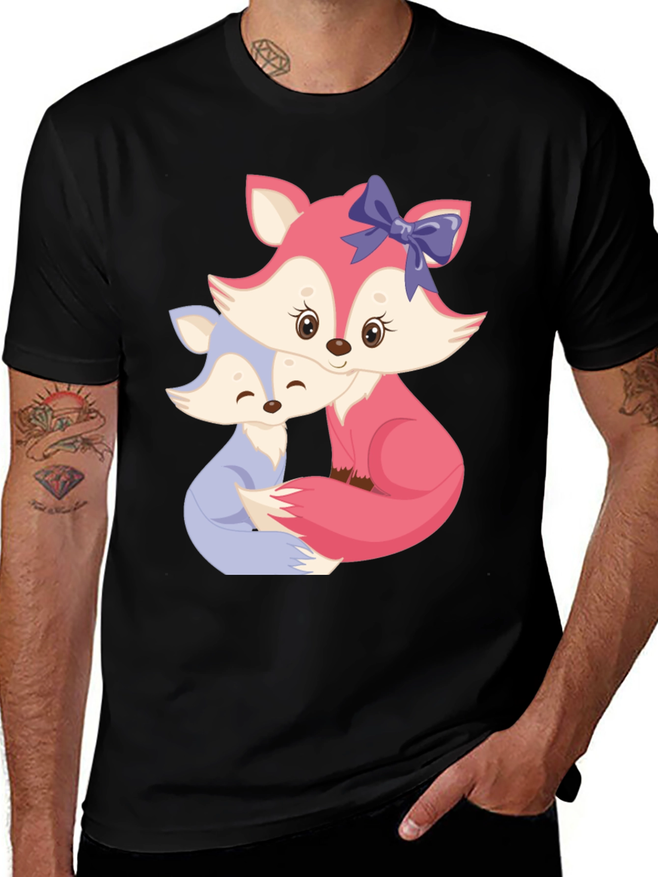 Variant 16 of Cute Fox Family Graphic T-Shirt - Black