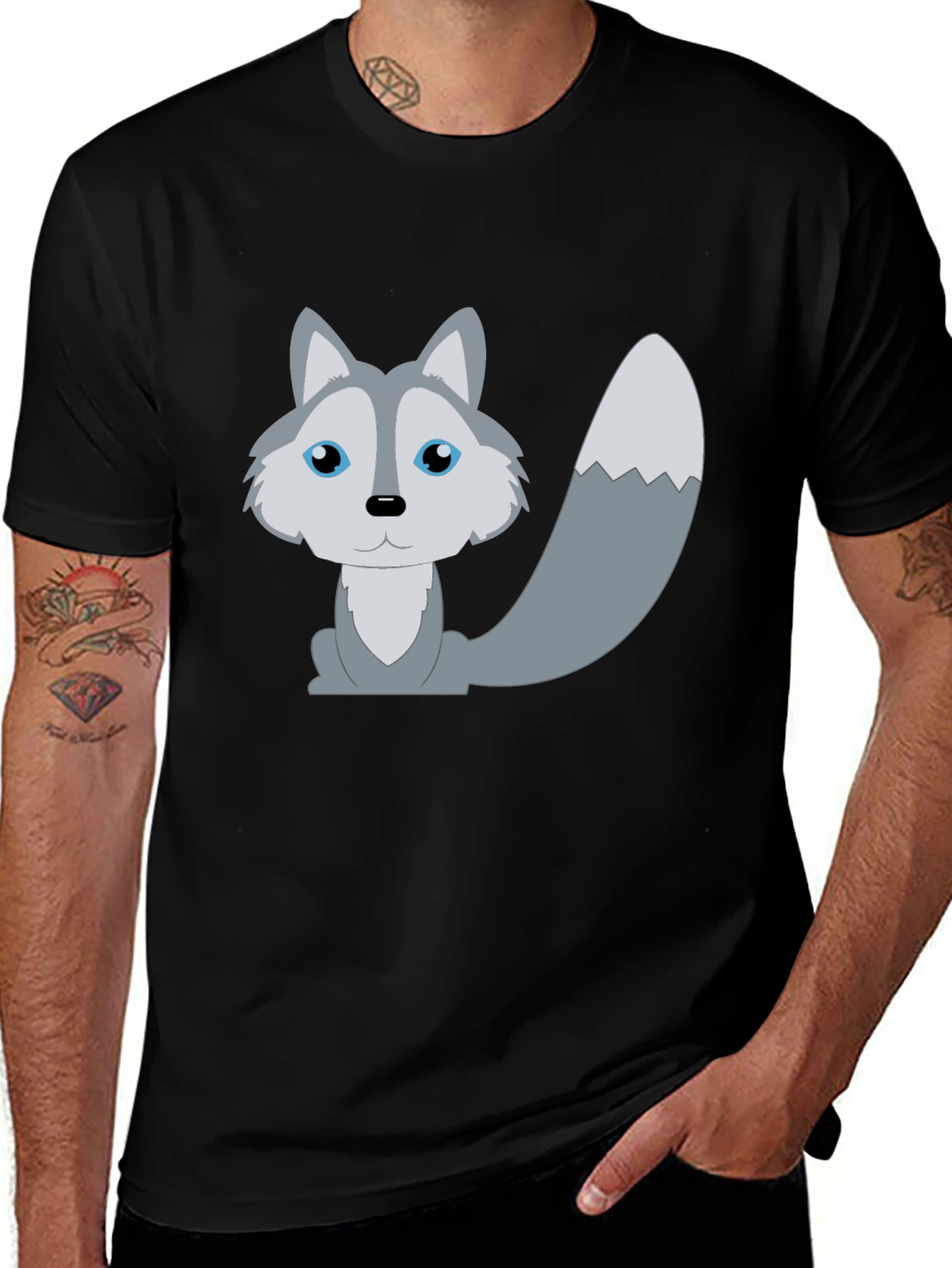Variant 10 of Cute Cartoon Wolf T-Shirt - Unisex Black Tee