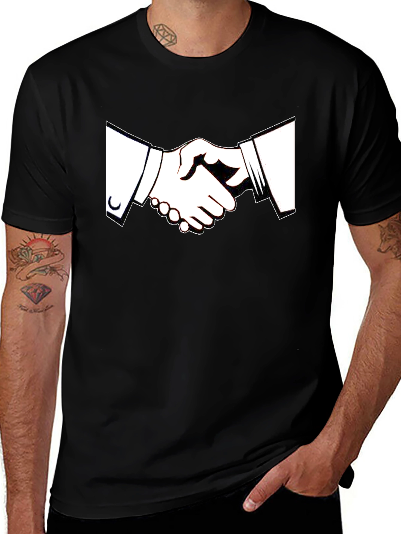 Black T-Shirt with Handshake Graphic