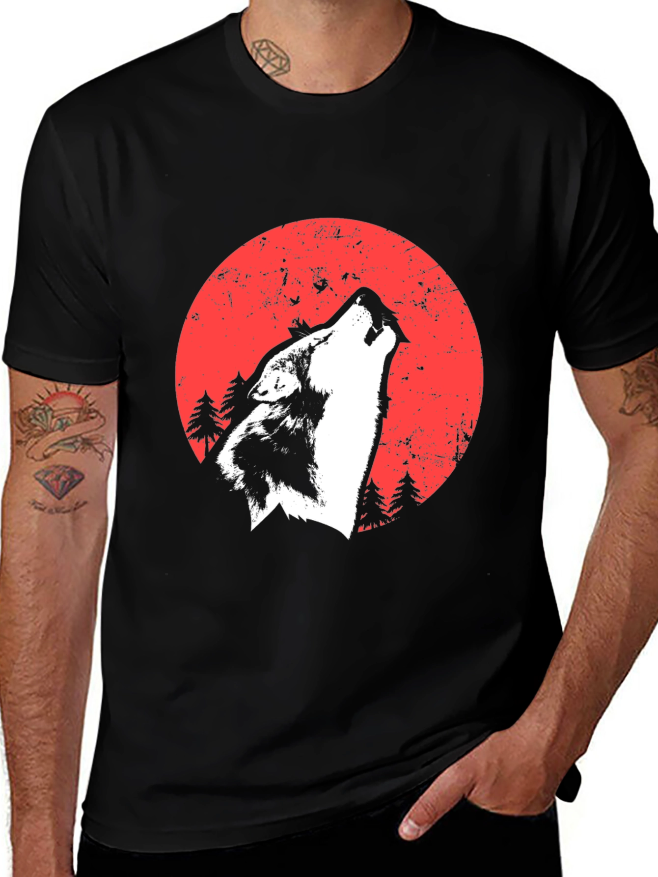 Variant 4 of Wolf Howling Moon Graphic Tee - Black Cotton Blend