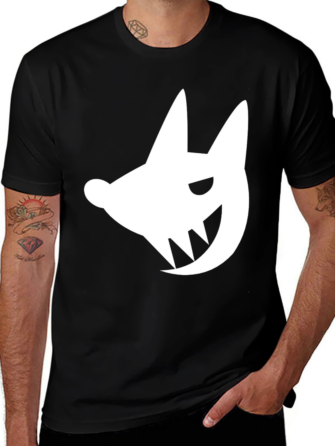 Variant 30 of Edgy White Fanged Creature Graphic Black T-Shirt