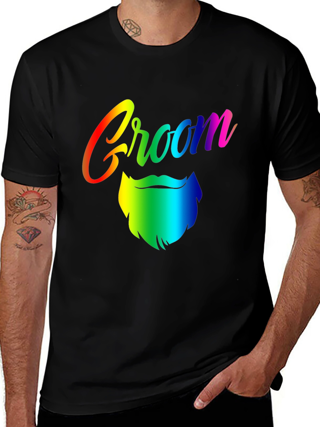 Variant 19 of Groom Rainbow Beard Graphic Tee - Black Cotton T-Shirt
