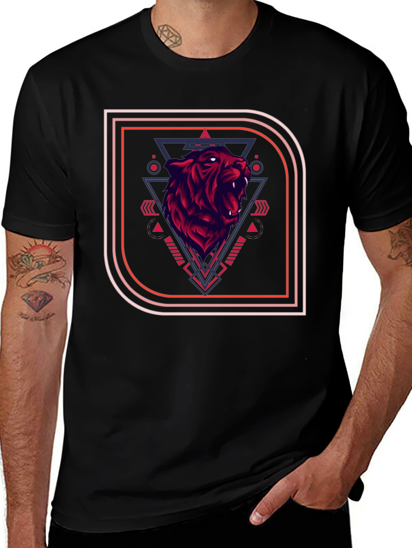 Variant 12 of Geometric Tiger Graphic Black T-Shirt