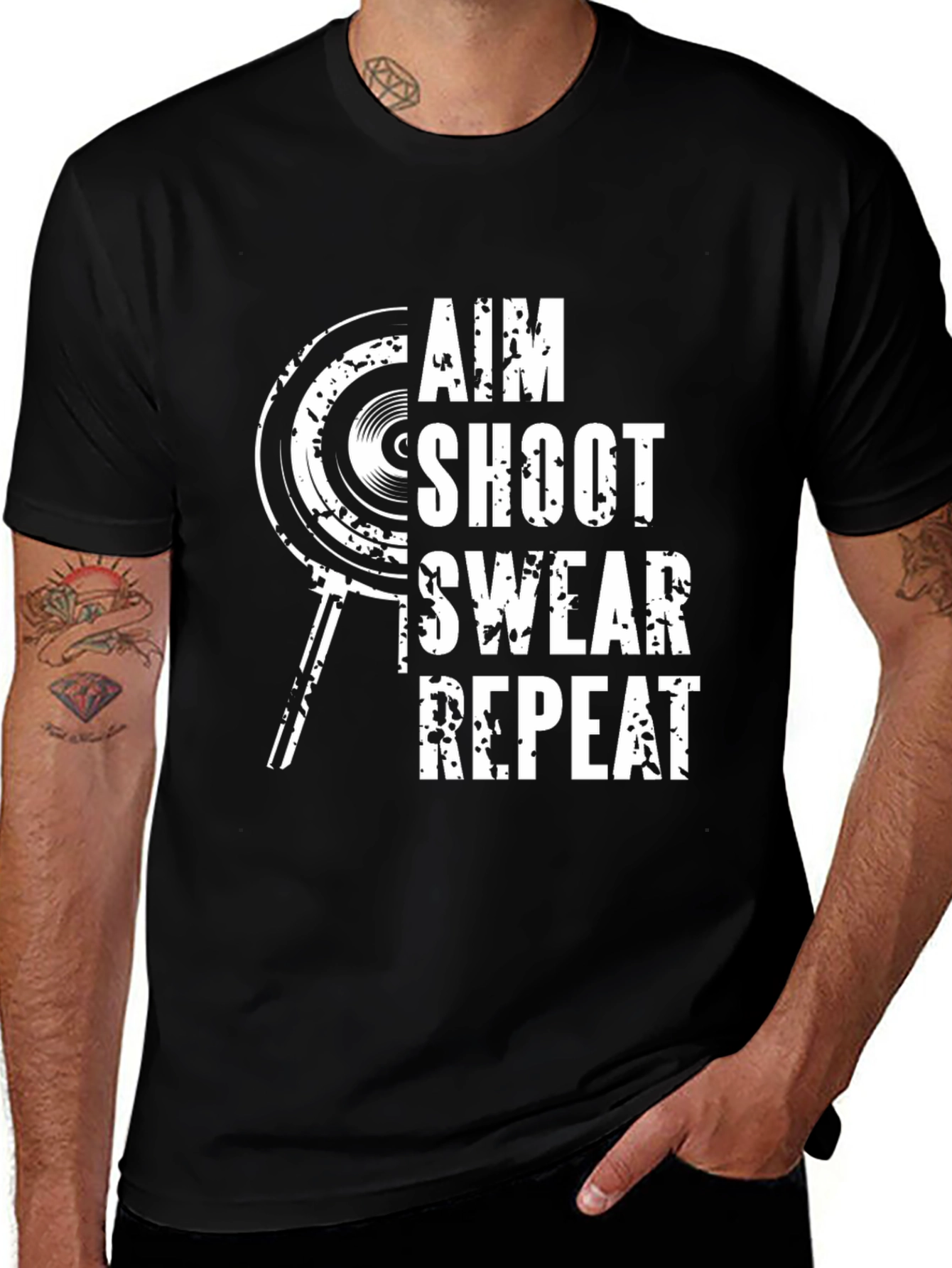 Aim Shoot Swear Repeat Black Graphic Tee
