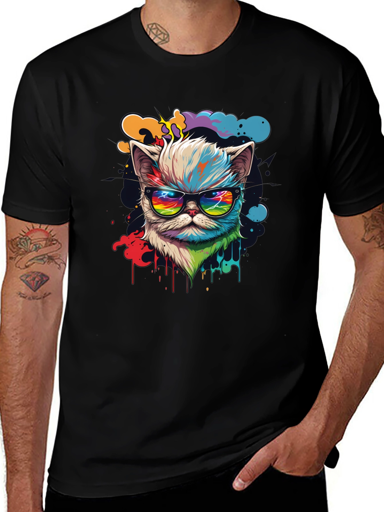 Variant 7 of Cool Cat T-Shirt - Retro Rainbow Design