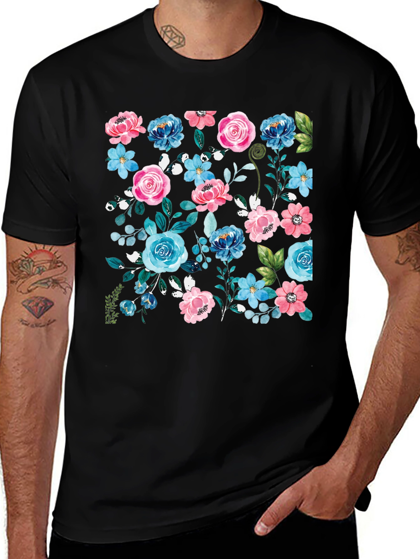 Variant 11 of Floral Print Black T-Shirt for Men
