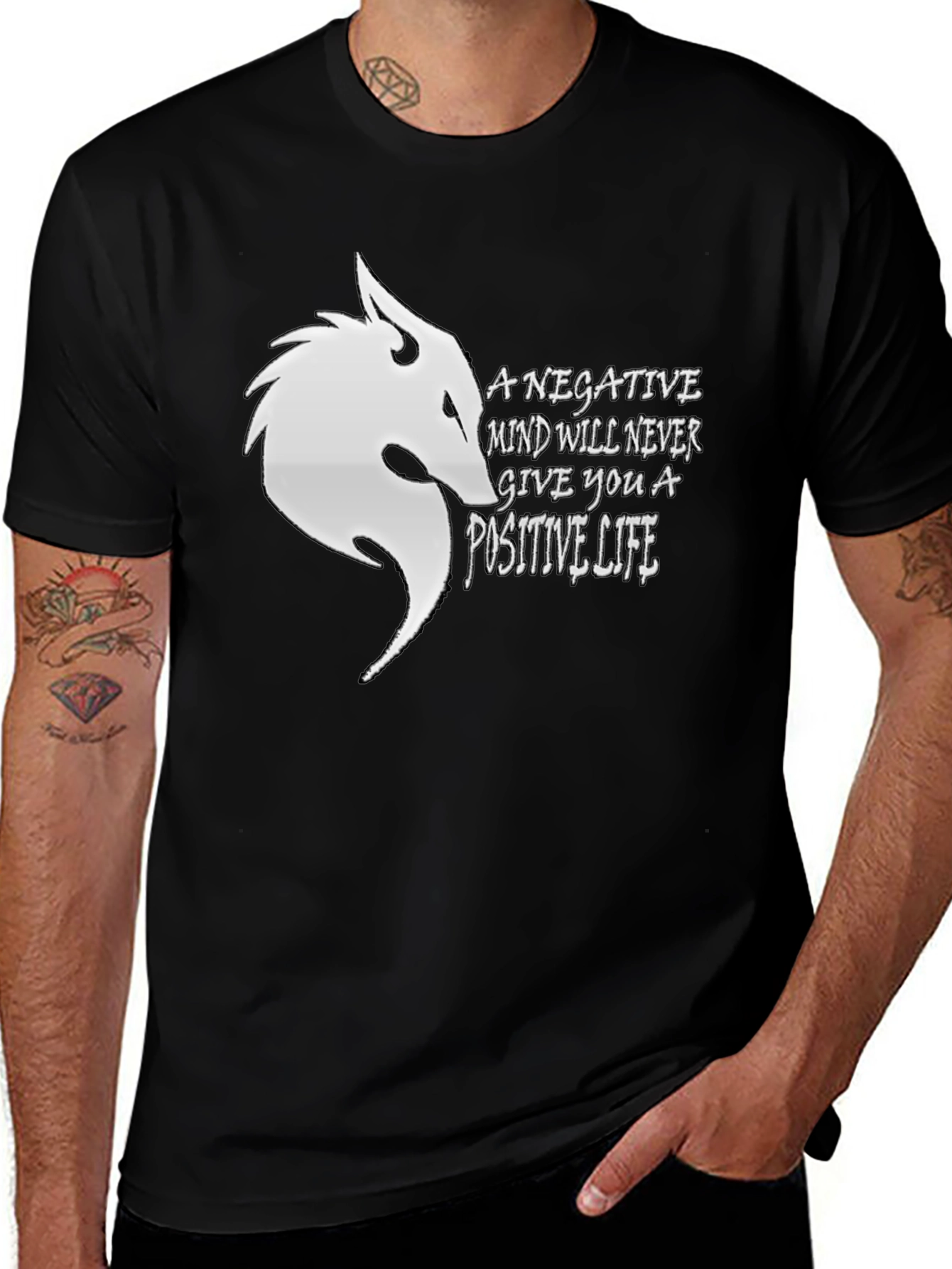Variant 4 of Motivational Black T-Shirt with Wolf Design
