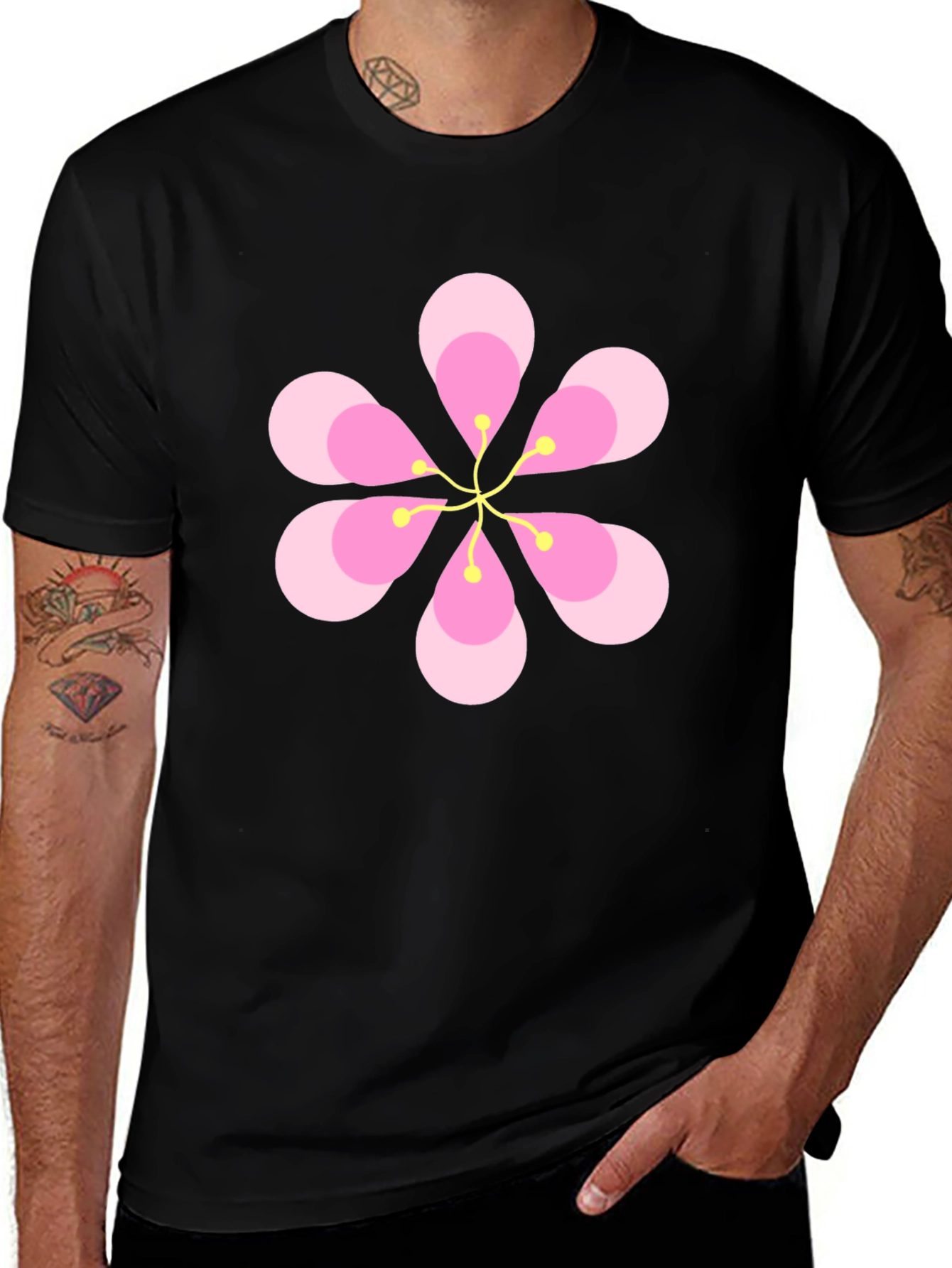 Variant 9 of Pink Blossom Graphic Tee - Black Cotton Casual Shirt