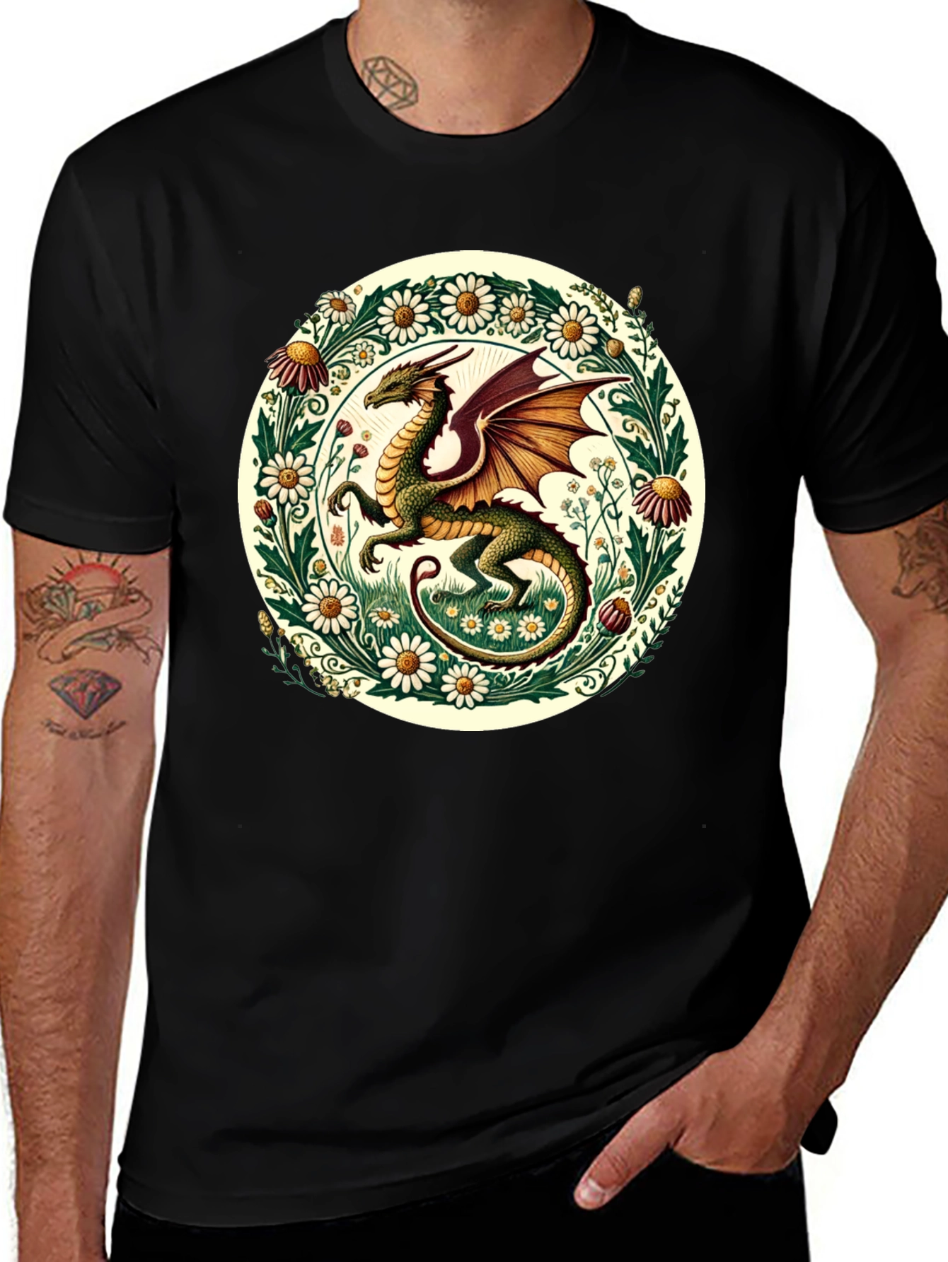 Variant 20 of Dragon & Flowers Graphic Tee - Fantasy Style