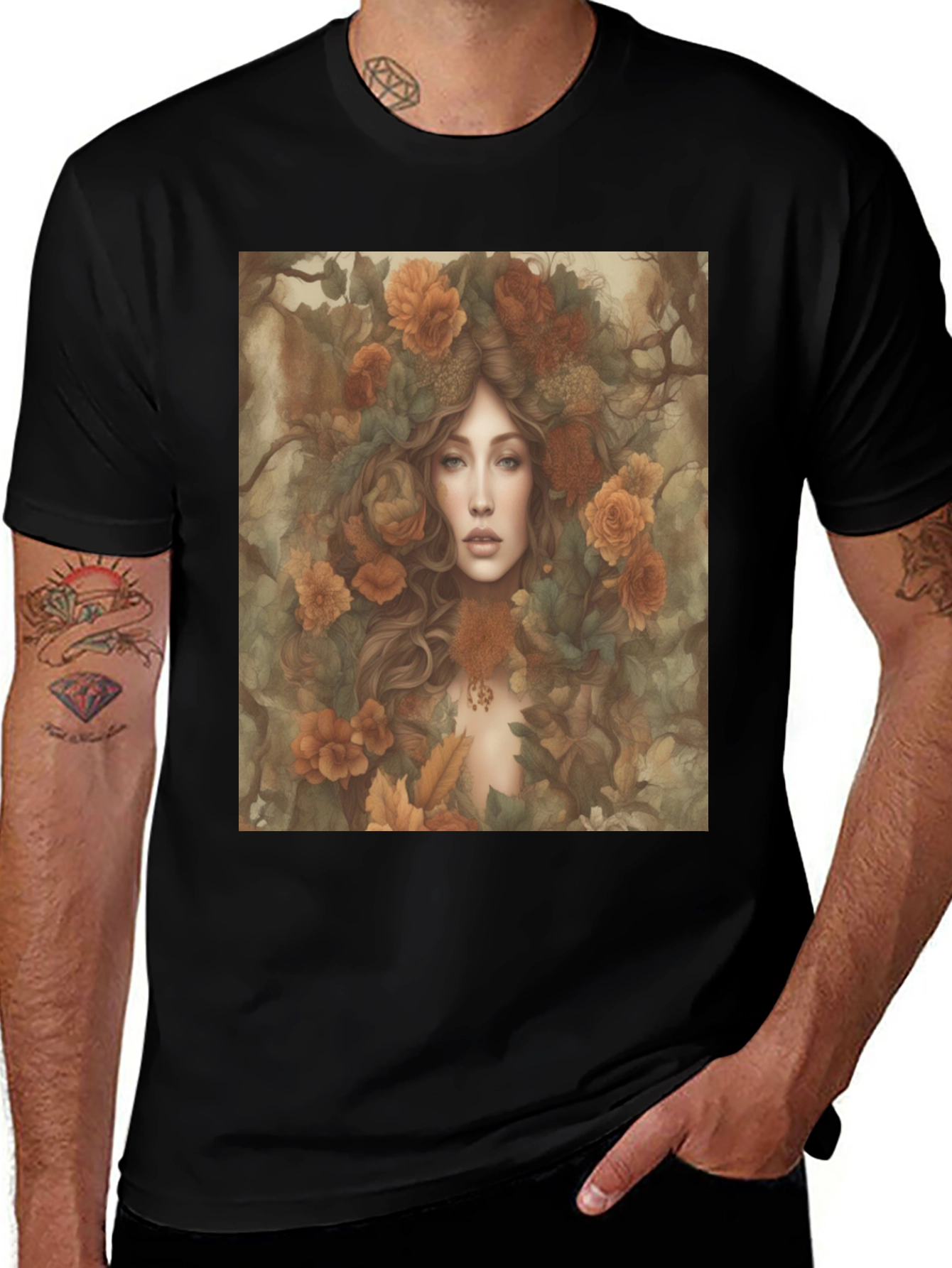 Variant 2 of Floral Fantasy T-Shirt: Woman with Autumn Flowers