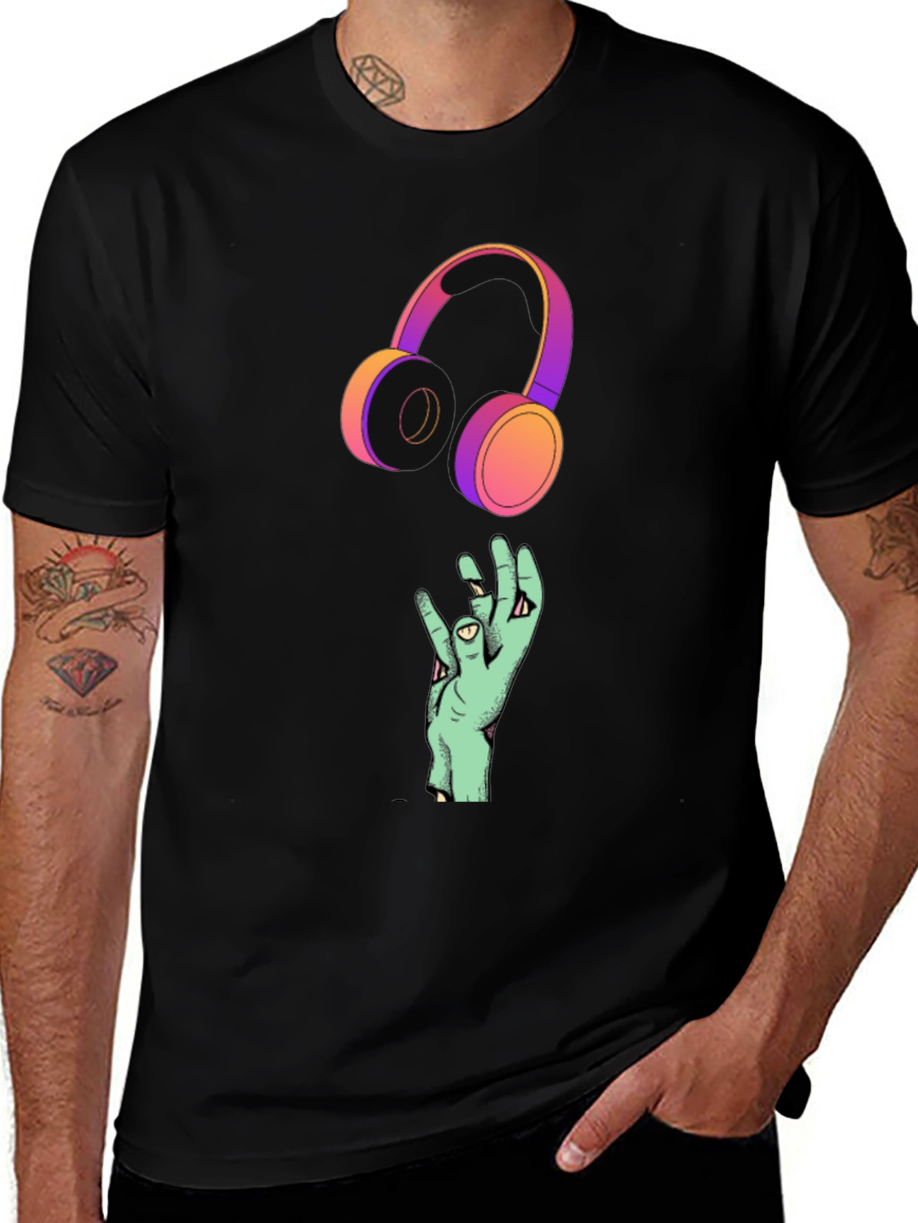 Cool Graphic T-Shirt with Headphones and Hand Design