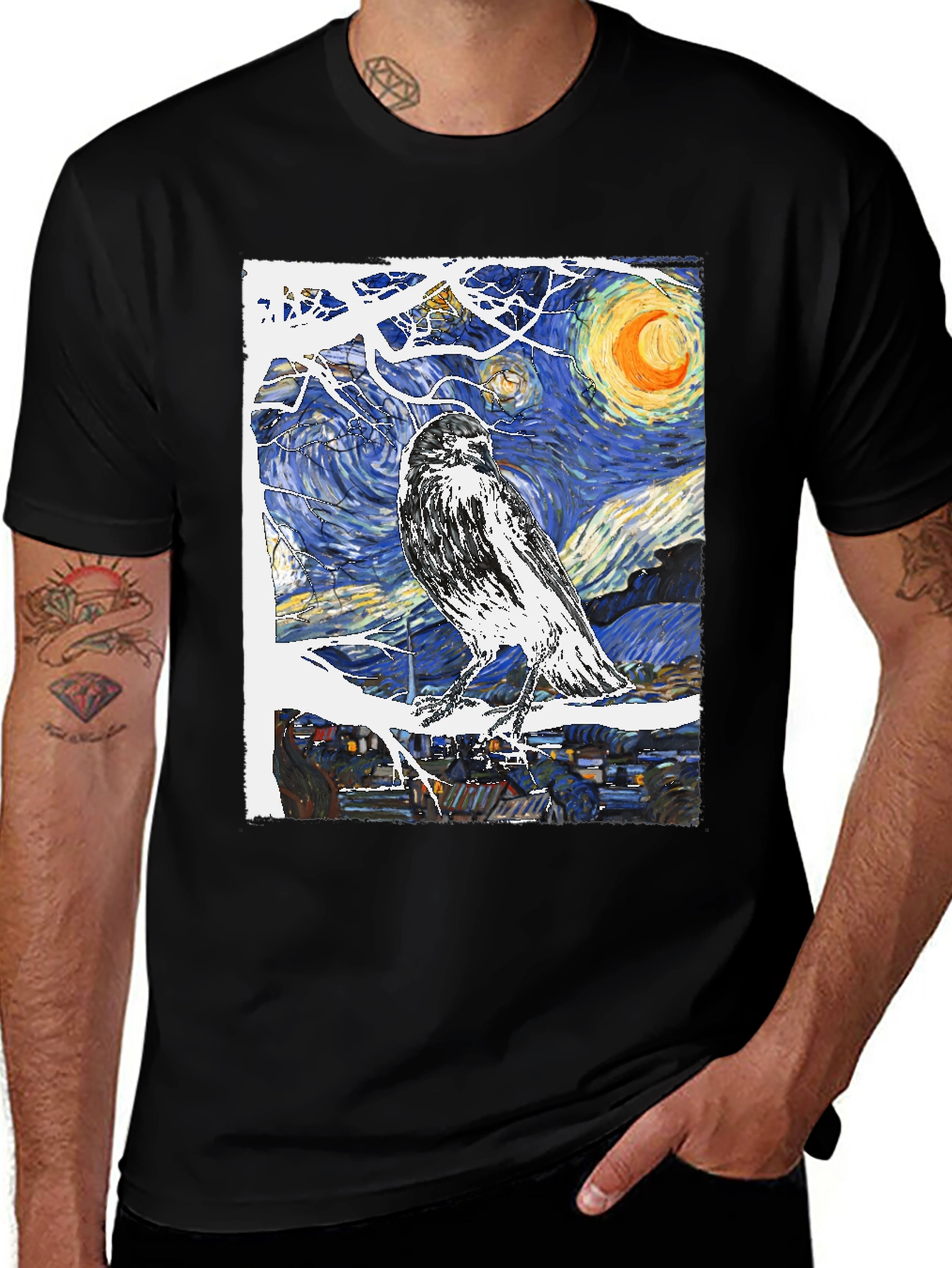 Black Starry Night Raven T-Shirt Art Tee main image