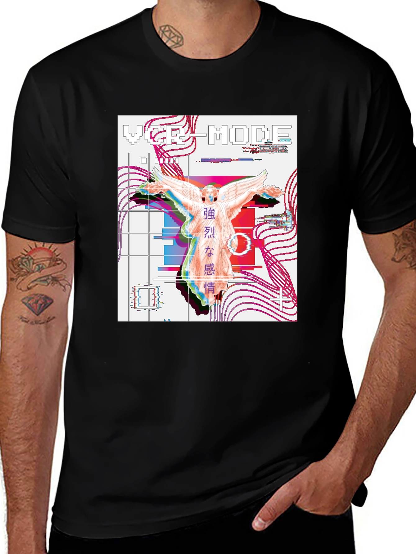 Variant 12 of Vaporwave Angel Graphic Tee - Black Cotton Blend