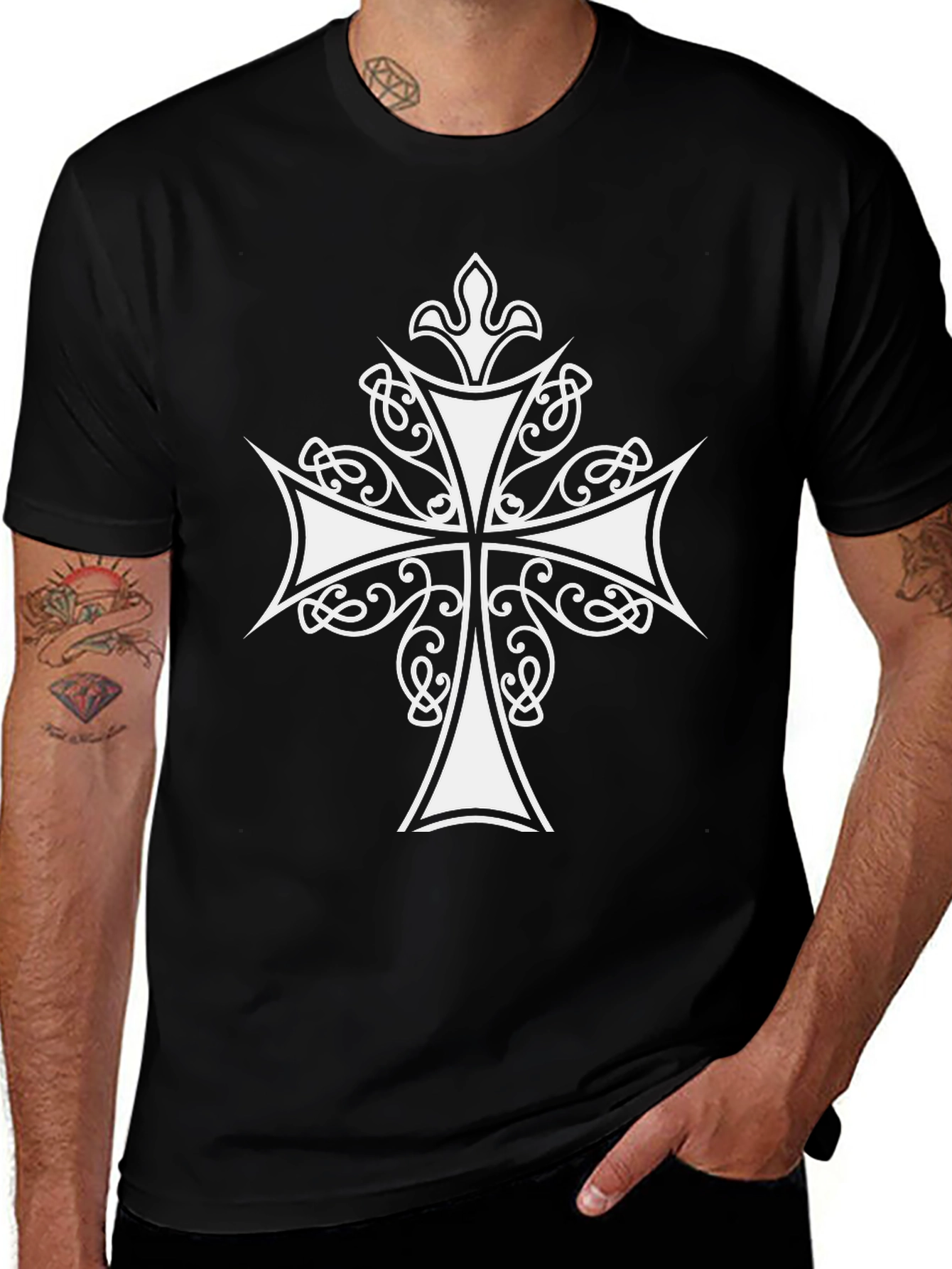Variant 15 of Celtic Cross Graphic Tee - Stylish Mens Black T-Shirt