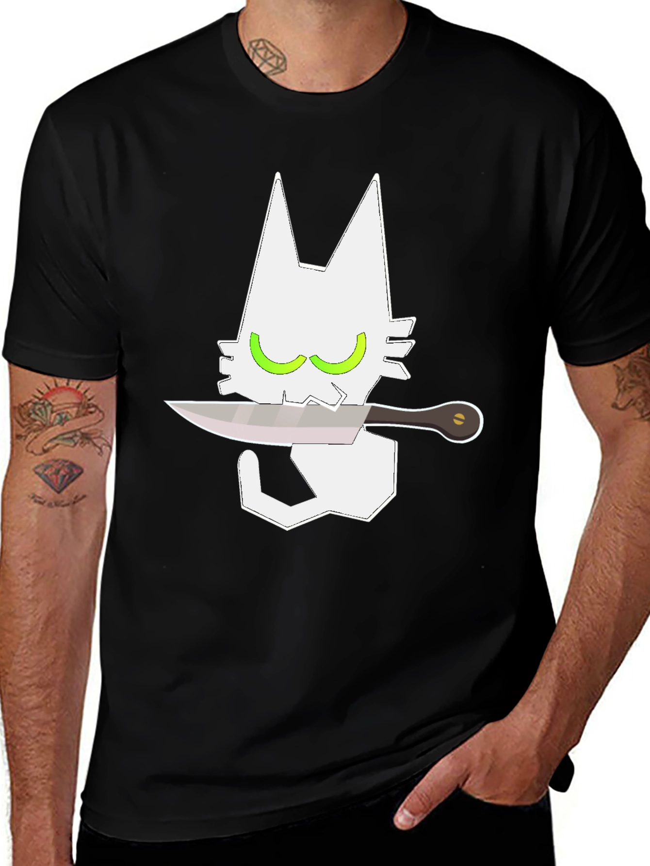 Variant 24 of Cat With Knife Graphic Tee - Men's Black T-Shirt