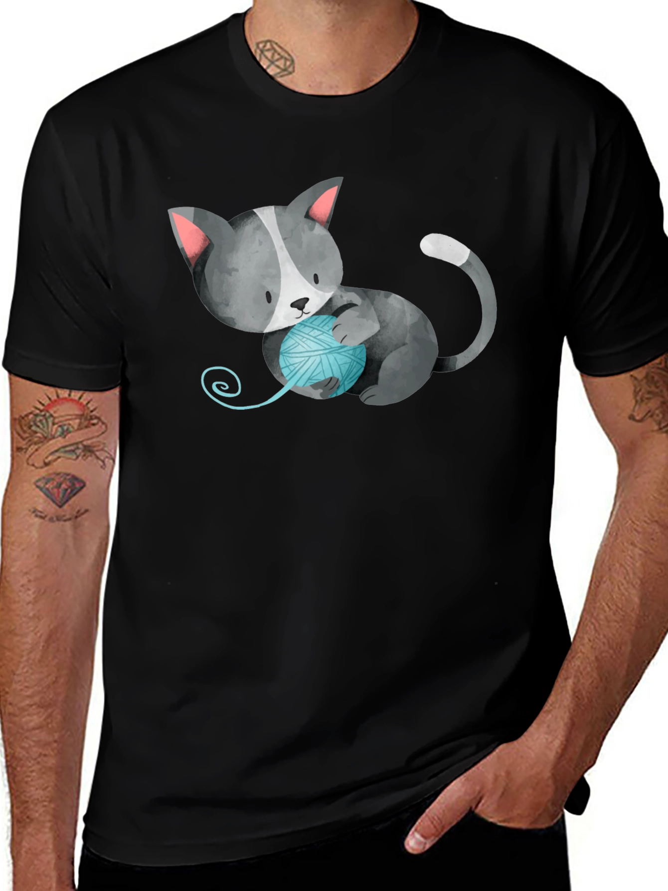 Variant 21 of Cute Cat with Yarn Ball Black T-Shirt